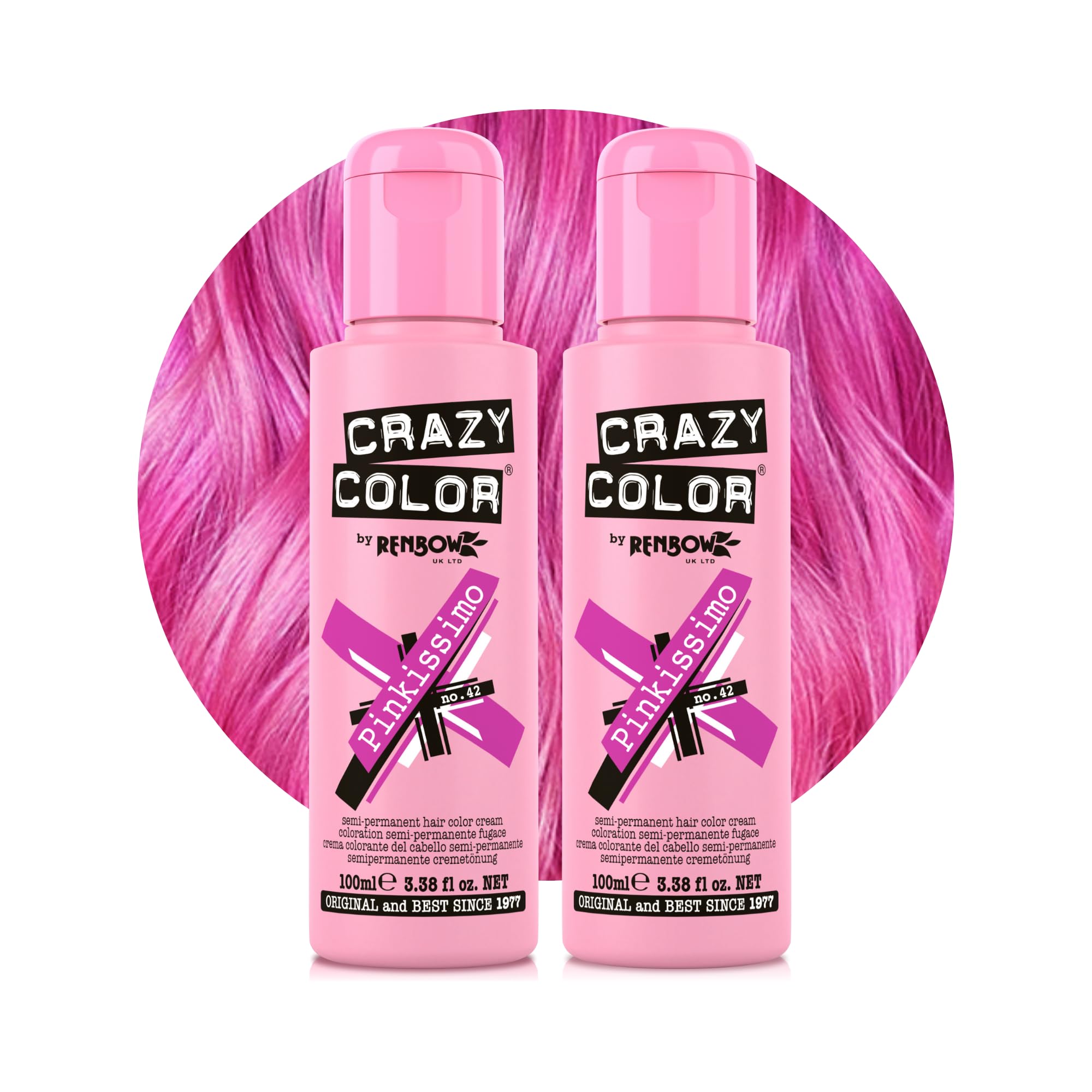 Crazy Color Vibrant Pinkissimo Semi-Permanente Haarfarbe Duo. Hochpigmentiertes Magenta. Pflegende und ölspendende vegane Formel | Ohne Bleichmittel oder Ammoniak | 200 ml
