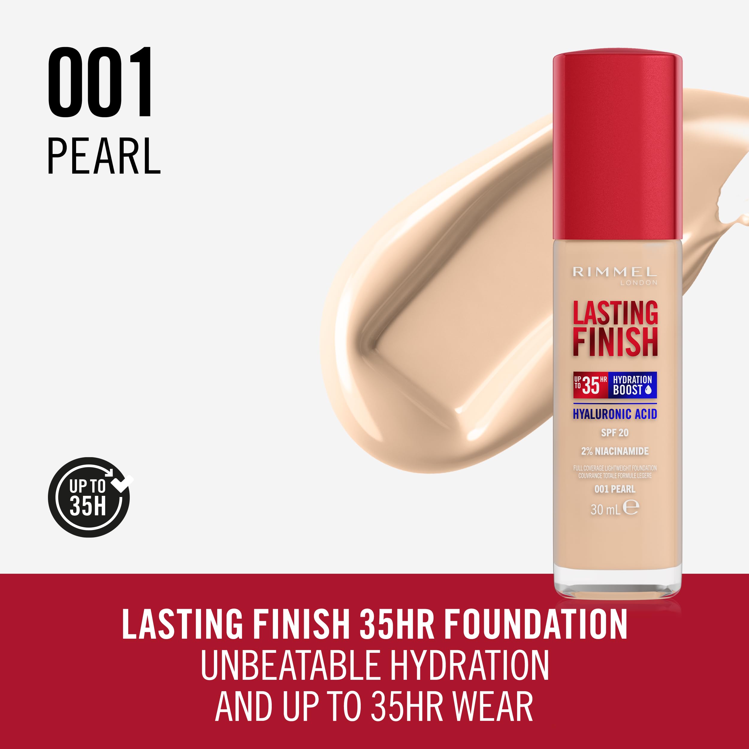 Rimmel Lasting Finish 35Hr Foundation 001 Pearl - Full Coverage, Hydrating, SPF20