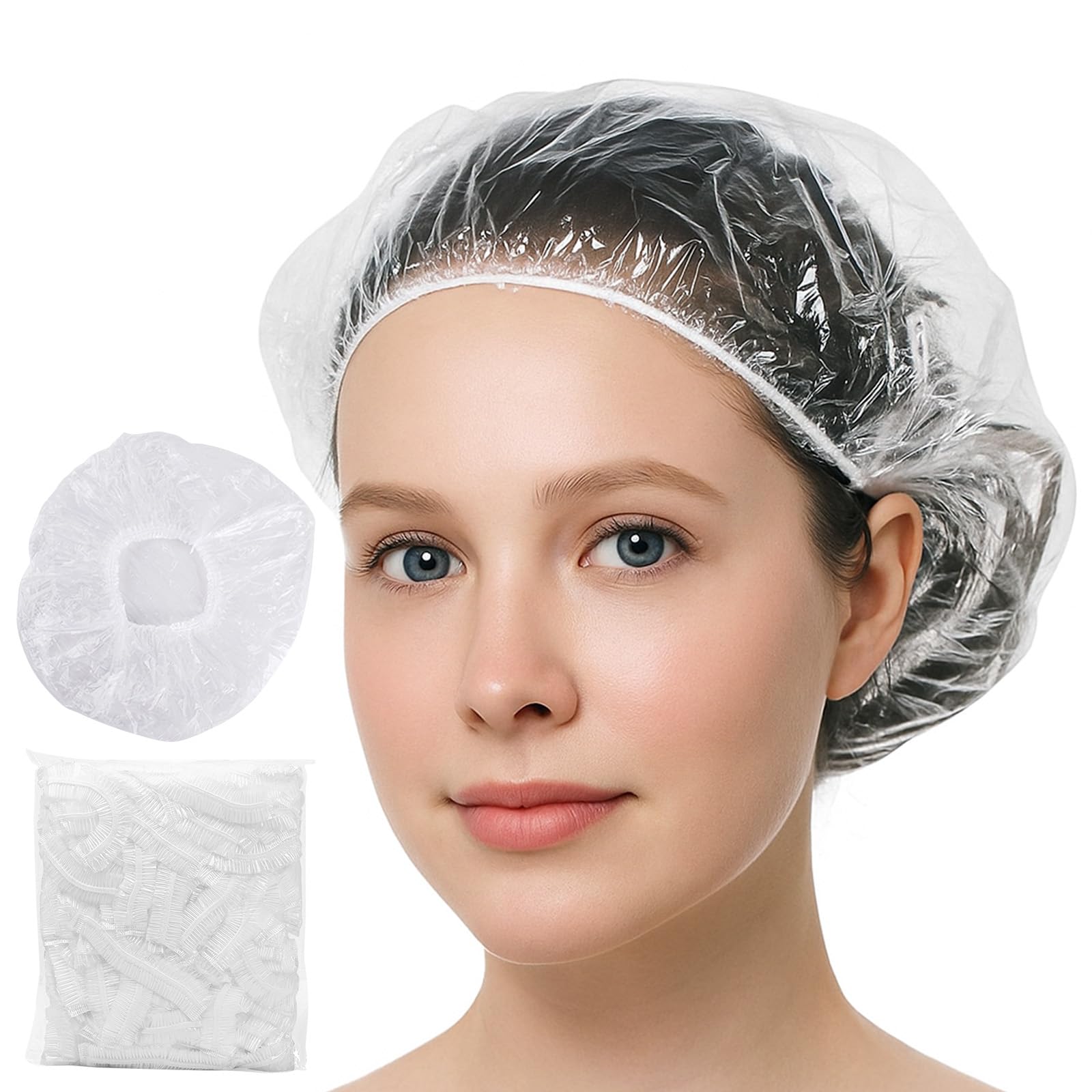 100PCS Lafefe Disposable Waterproof Shower Caps - Thick Plastic Elastic Bath Caps for Home, Salon, Travel