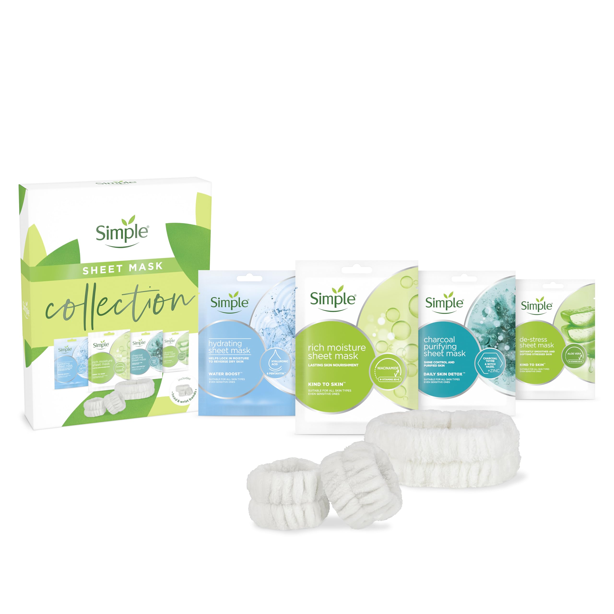 Simple Sheet Mask Collection Gift Set with Headband - 4 Moisturising Masks