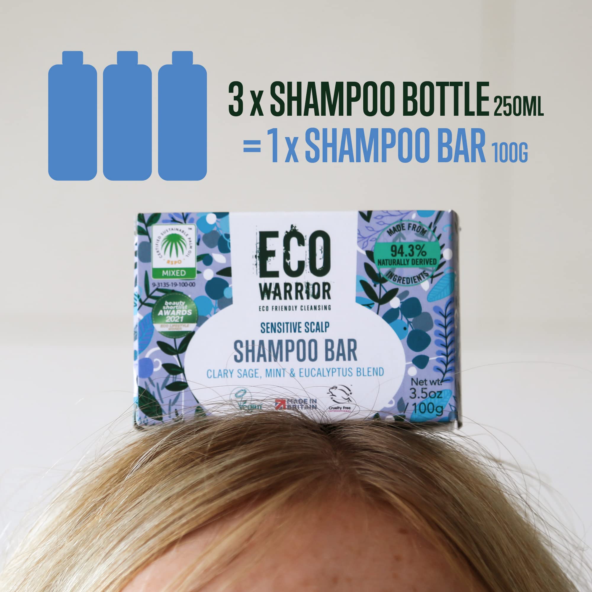 Eco Warrior Sensitive Shampoo Bar – Vegan, tierversuchsfrei, ohne SLS und Parabene, mit tiefenwirksam pflegender weißer Tonerde und Muskatellersalbeiöl, natürlicher Minze und Eukalyptus – Umweltfreundlich, 100 g 3