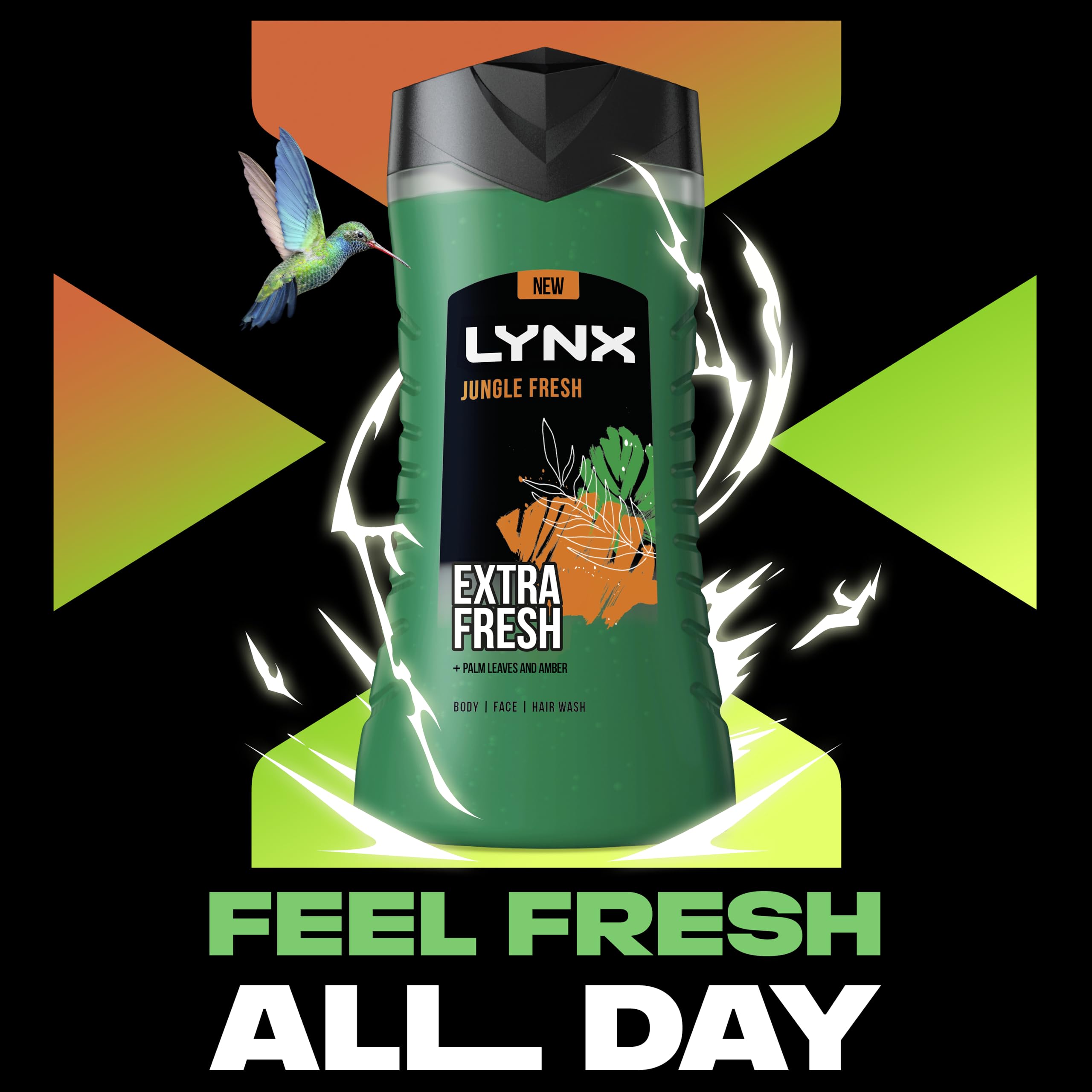 LYNX Jungle Fresh 3-in-1 Hair, Face and Body Wash Shower Gel with Palm Leaf & Amber Scent
