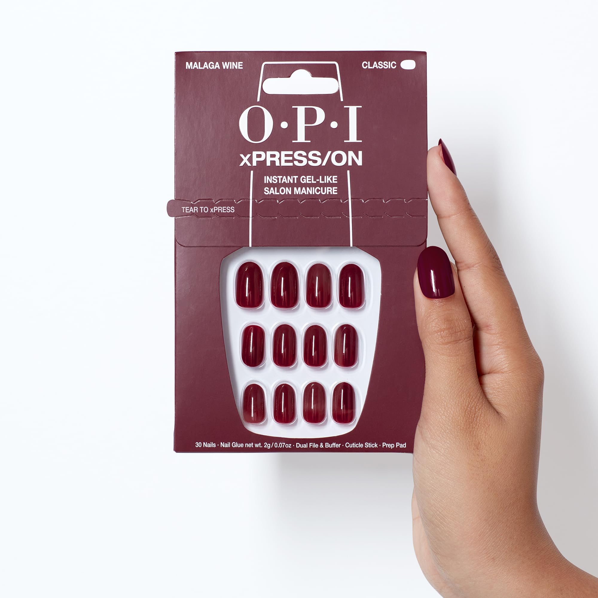 OPI xPRESS/ON Malaga Wine – Dunkelrote, kurze, runde künstliche Fingernägel zum Aufkleben – mit Nagelkleber – Langanhaltend, wiederverwendbar und schonend 7