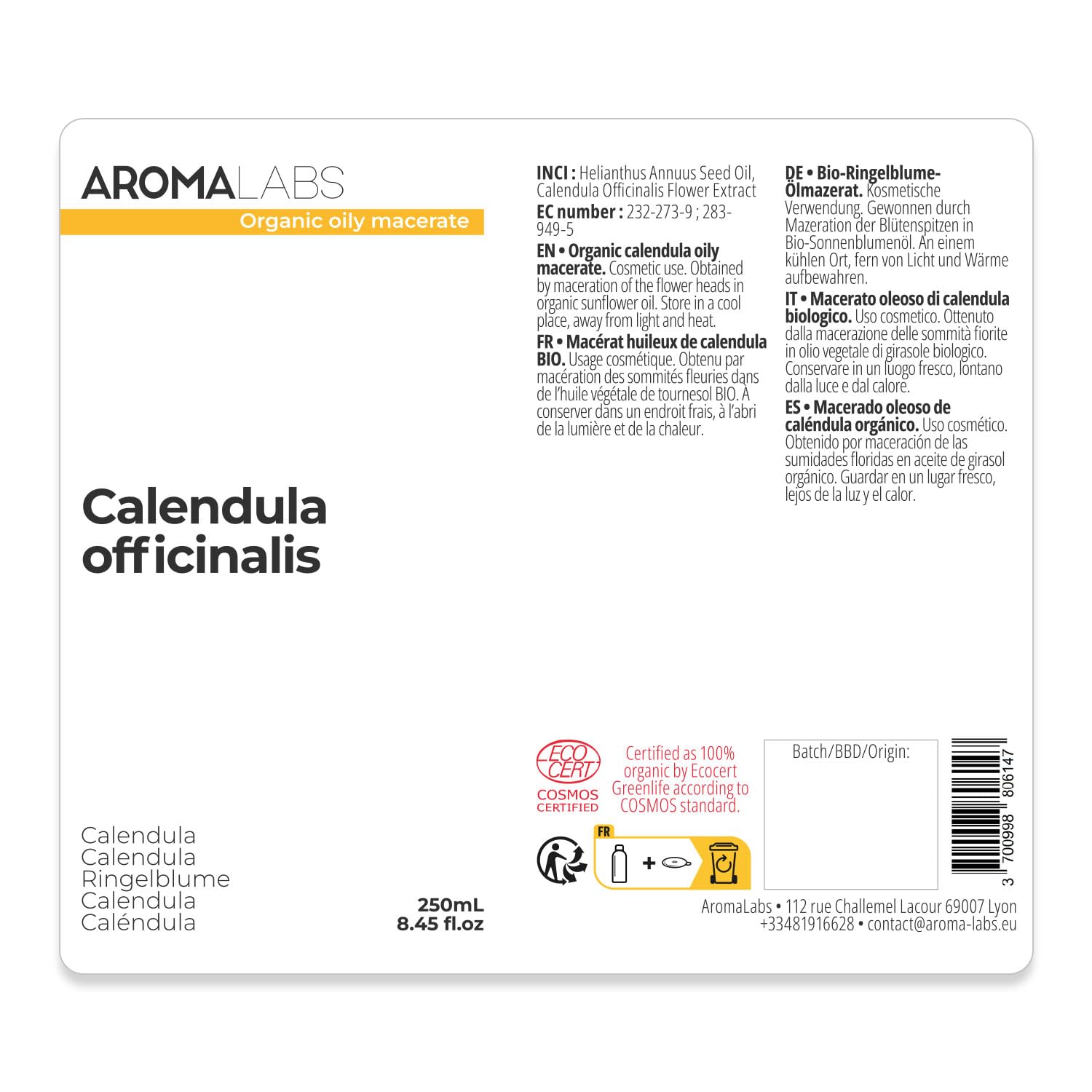 Aroma Labs ORGANIC Calendula Infused Oil - 250mL - 100% Pure Vegetable Oil