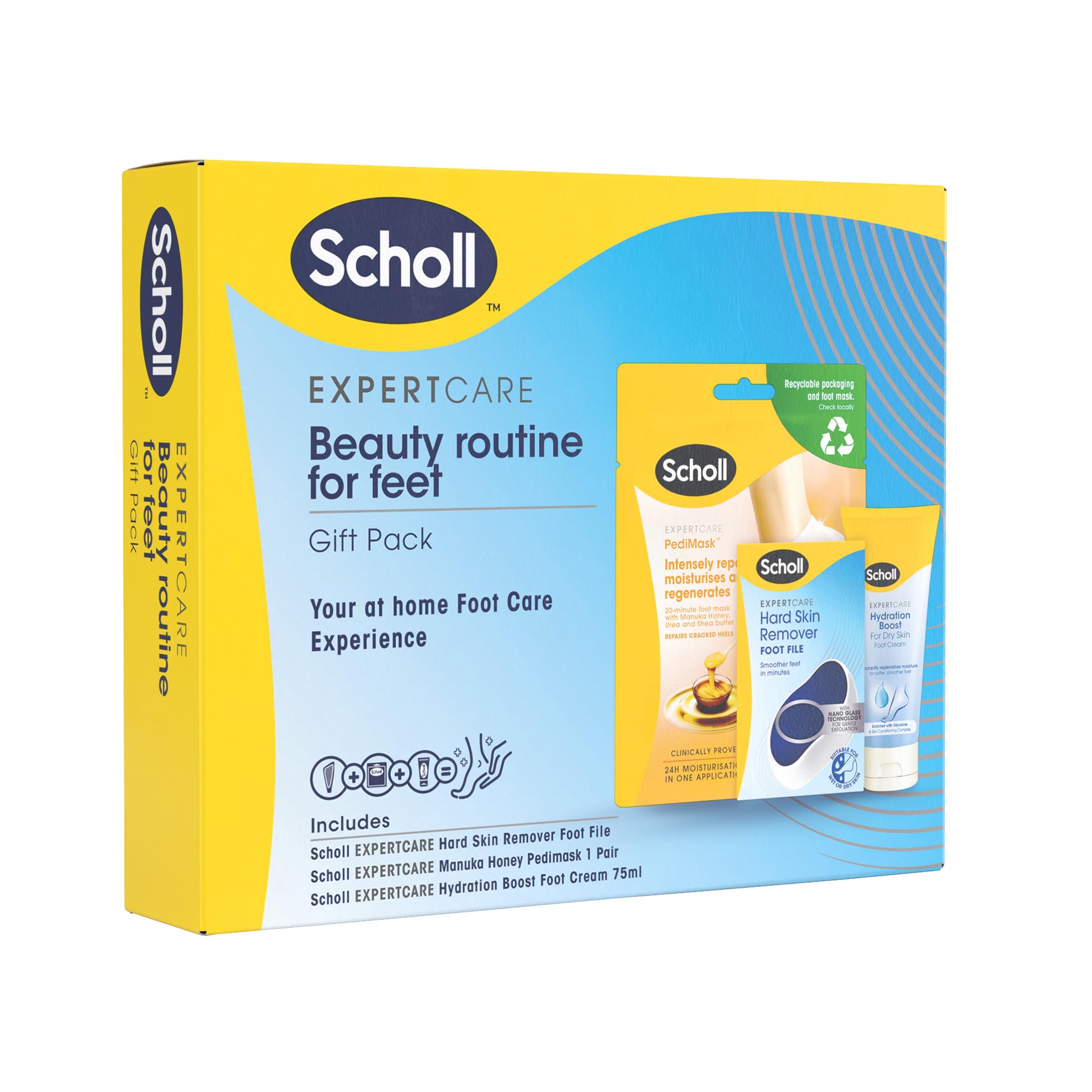 Dr. Scholl's Beauty Routine Bundle: Manuka Honey Foot Mask, Hard Skin File & Moisturiser