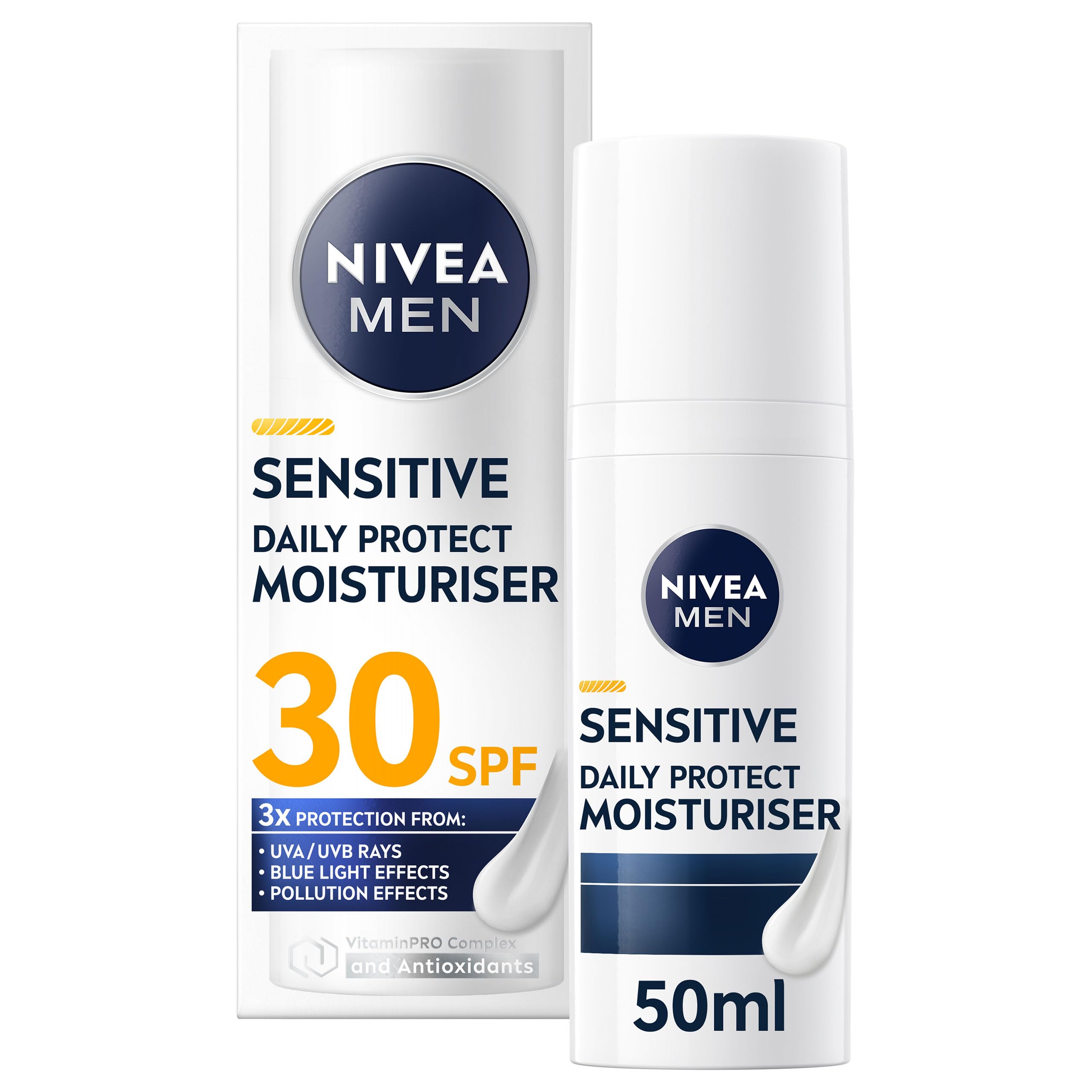 NIVEA MEN Sensitive Daily Protect Moisturiser SPF 30 for Hydration and Triple Protection (50ml)