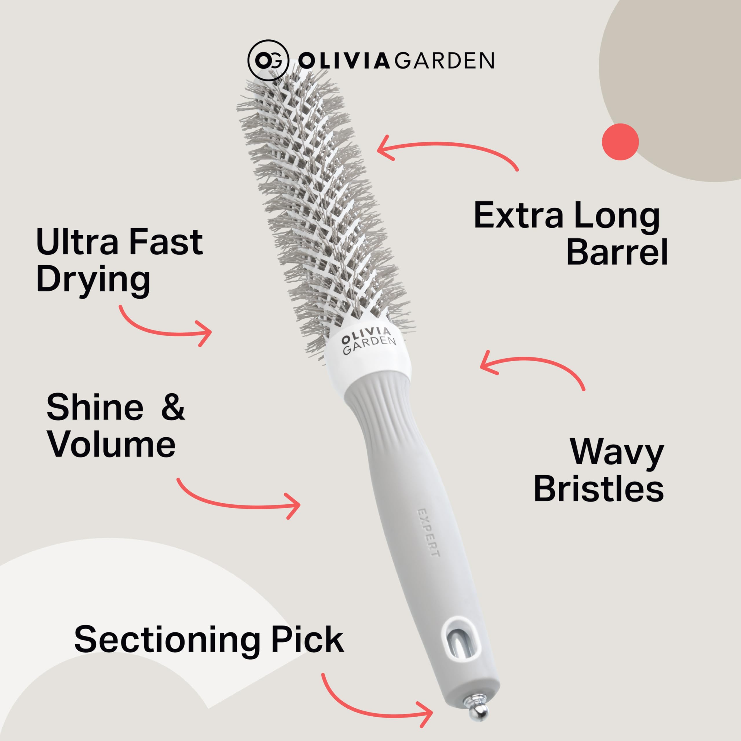 Olivia Garden Expert Blowout Speed Ceramic Coated Round Brush - White & Grey - Extra Long Barrel 7