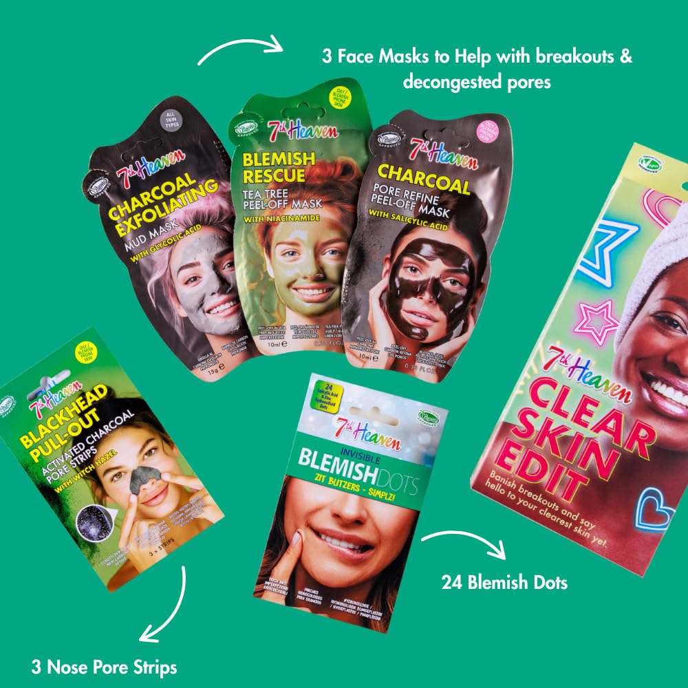7th Heaven Clear Skin Edit Skincare Kit: 3 Face Masks, Nose Pore Strips & Blemish Dots