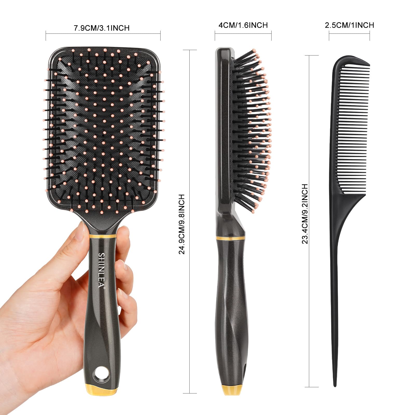 SHINLEA Detangler Hair Brush Set with Paddle Cushion Brush and Tail Comb 8