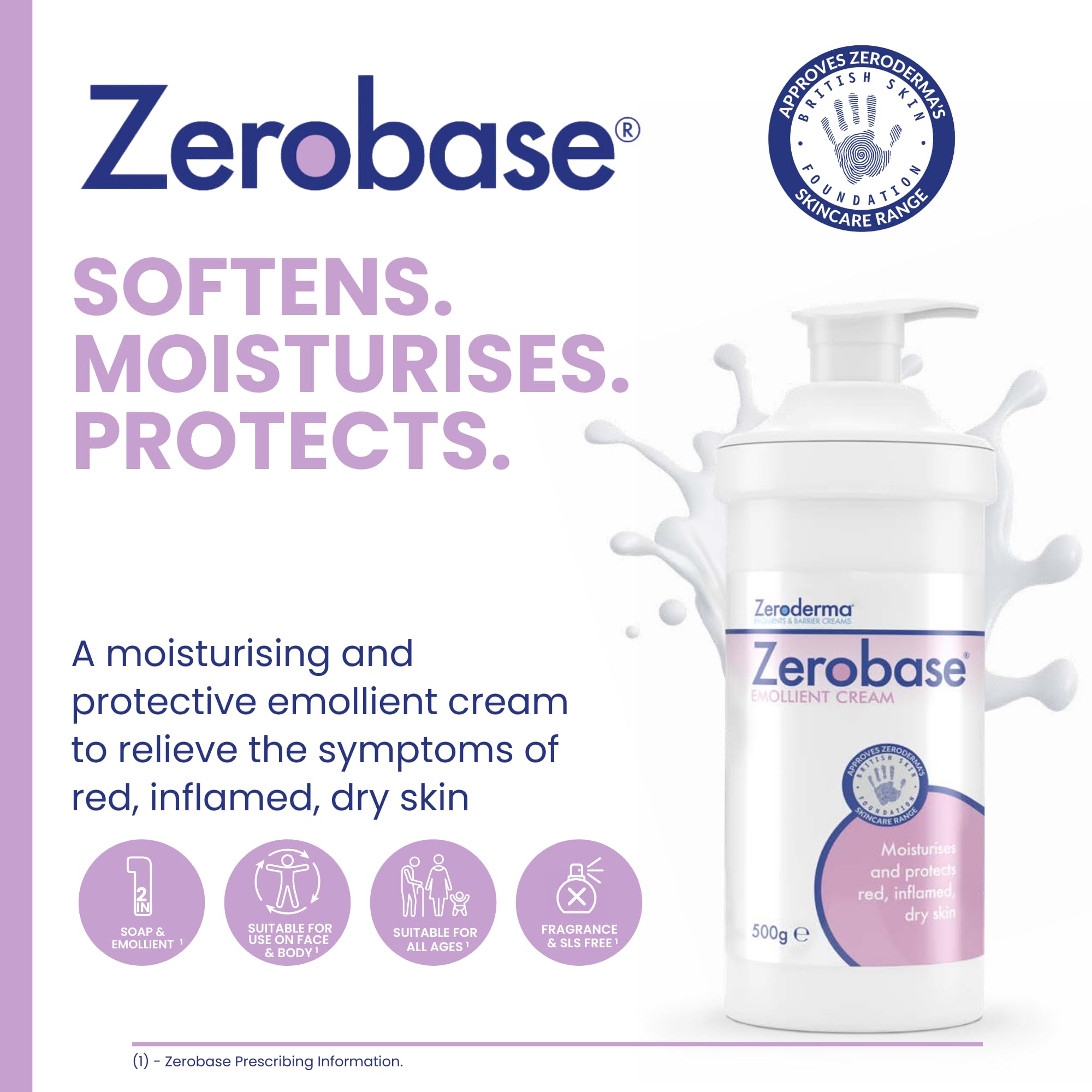 Zeroderma Zerobase Emollient Cream 2-in-1 Moisturiser & Soap Substitute for Dry Skin