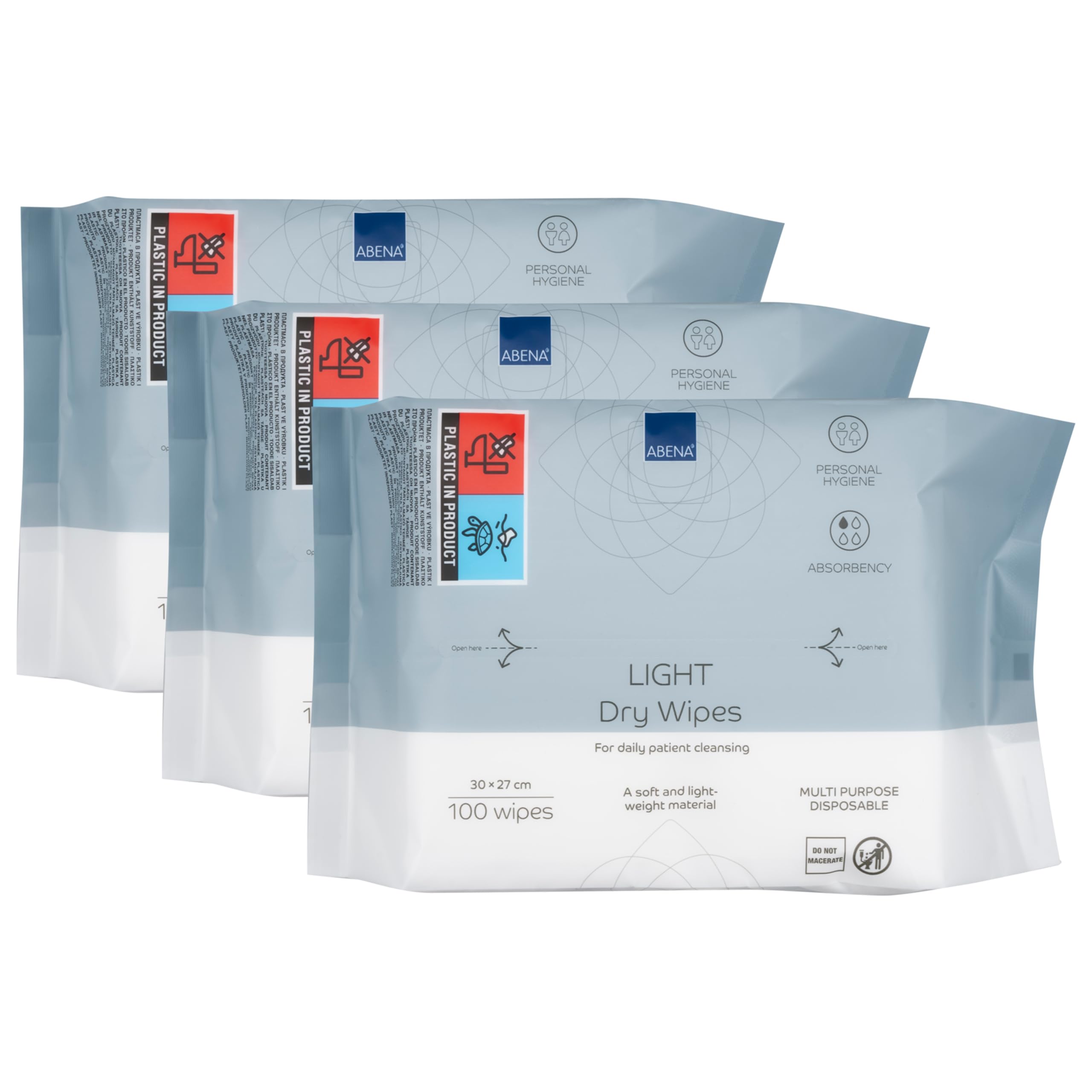 ABENA Leichte Trockentücher, 3 Packungen à 100 Tücher, 30 x 27 cm, Saugfähigkeitsstufe 1