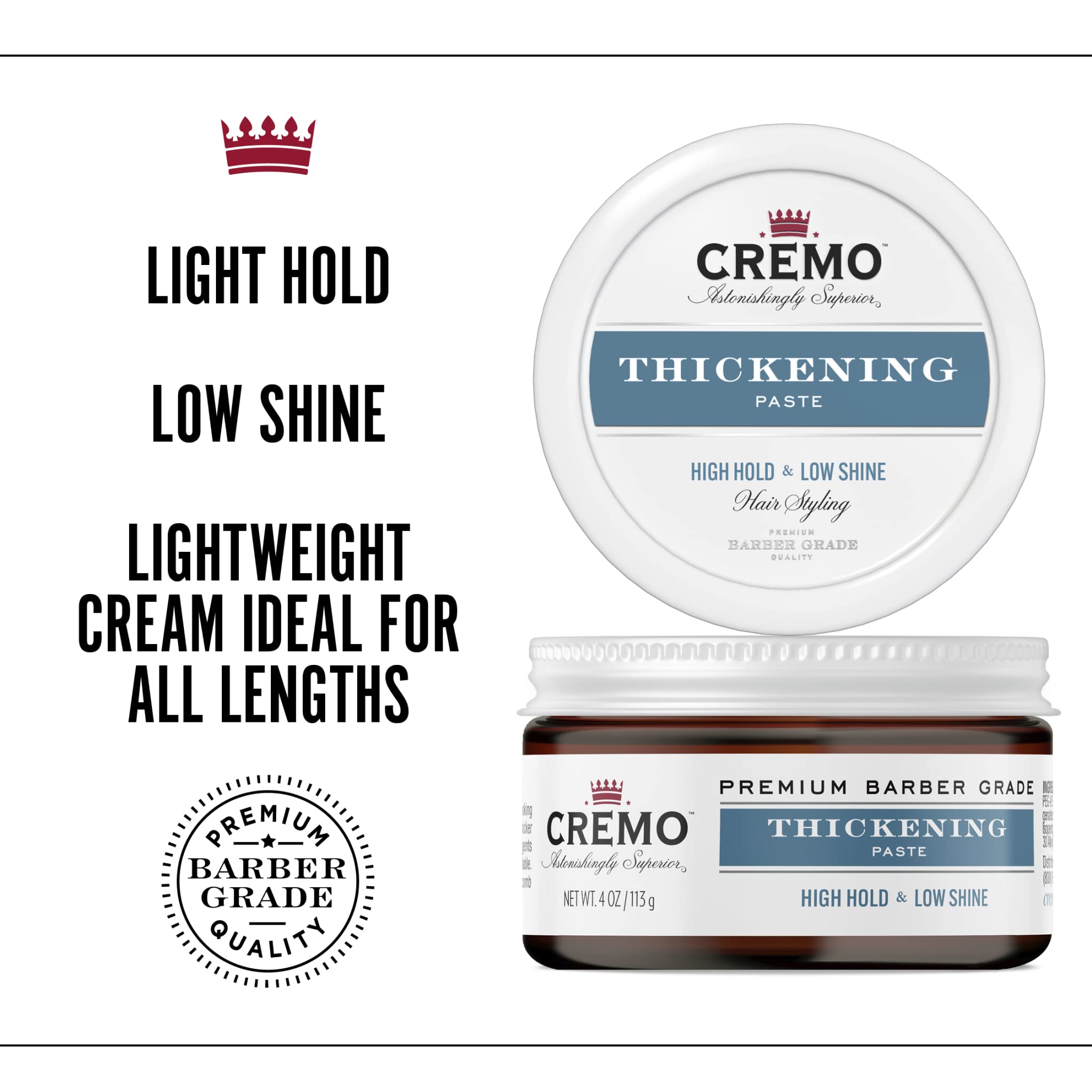 Cremo Thickening Hair Styling Paste for Men, High Hold Low Shine, 113 g