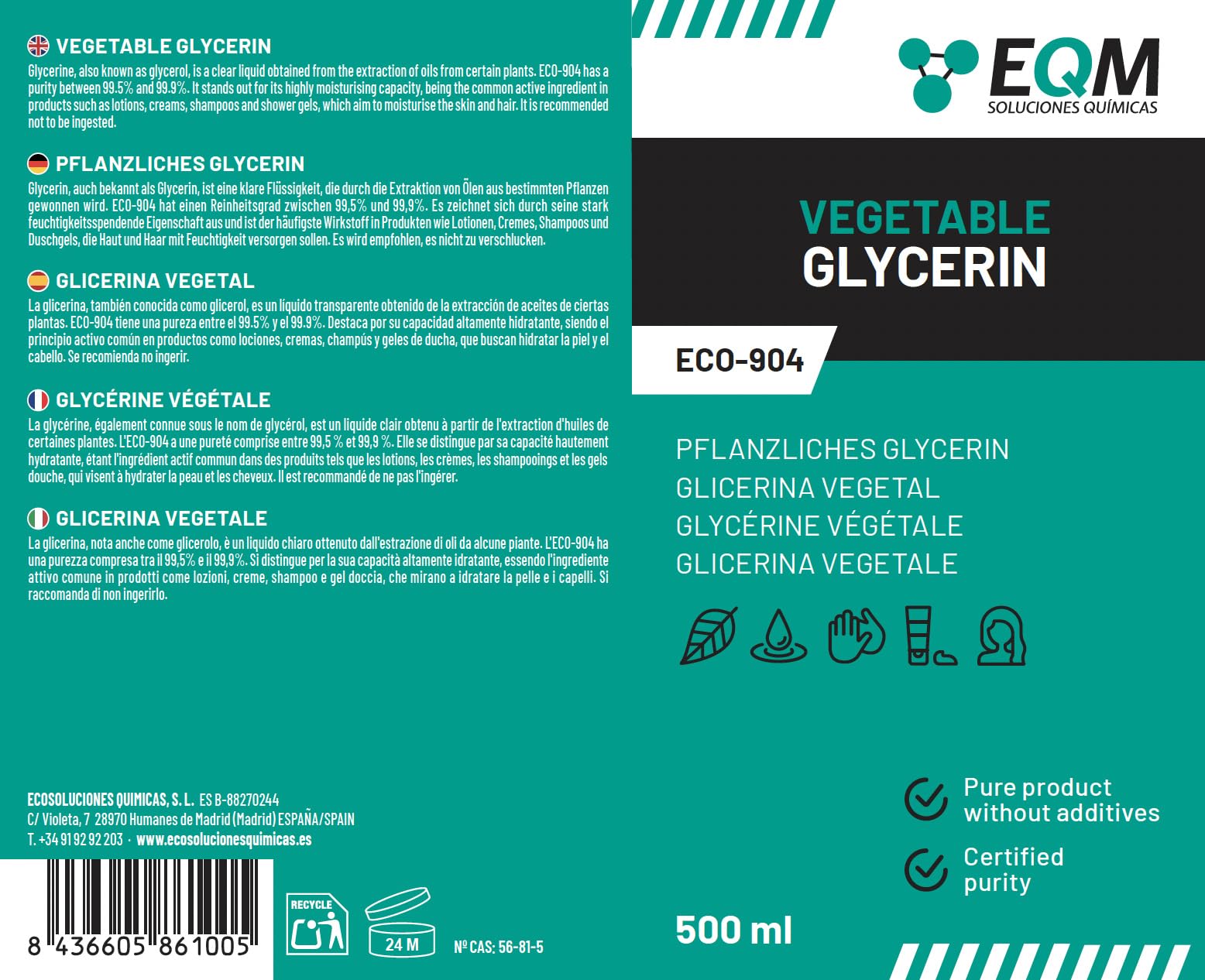 EQM ECO-904 Liquid Vegetable Glycerin 99.5% Pure & Natural for Skin & Hair Care - 500 ml 8