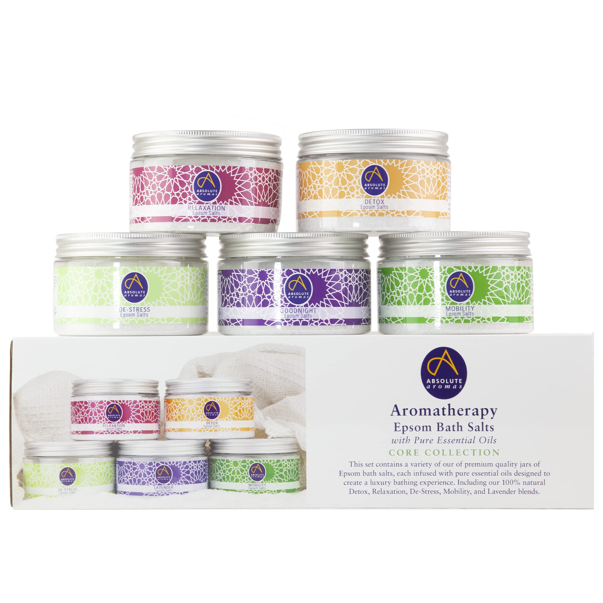 Absolute Aromas Epsom Bath Salts Bundle Gift Set - 5 x 300g De-Stress, Detox, Lavender