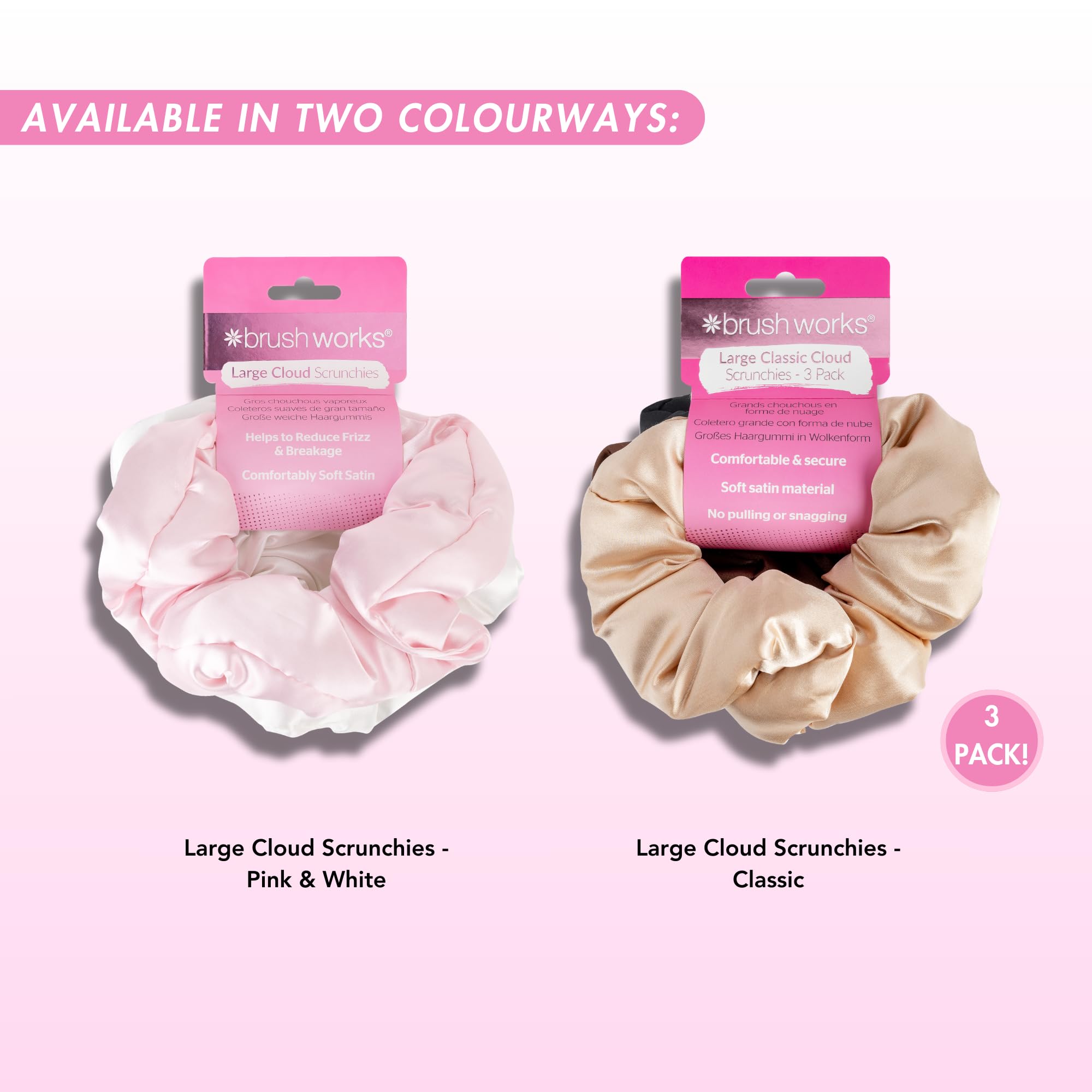 Brushworks Large Cloud Scrunchies 2 Pack – Pink & White Satin, Snag-Free Hair Styling 4