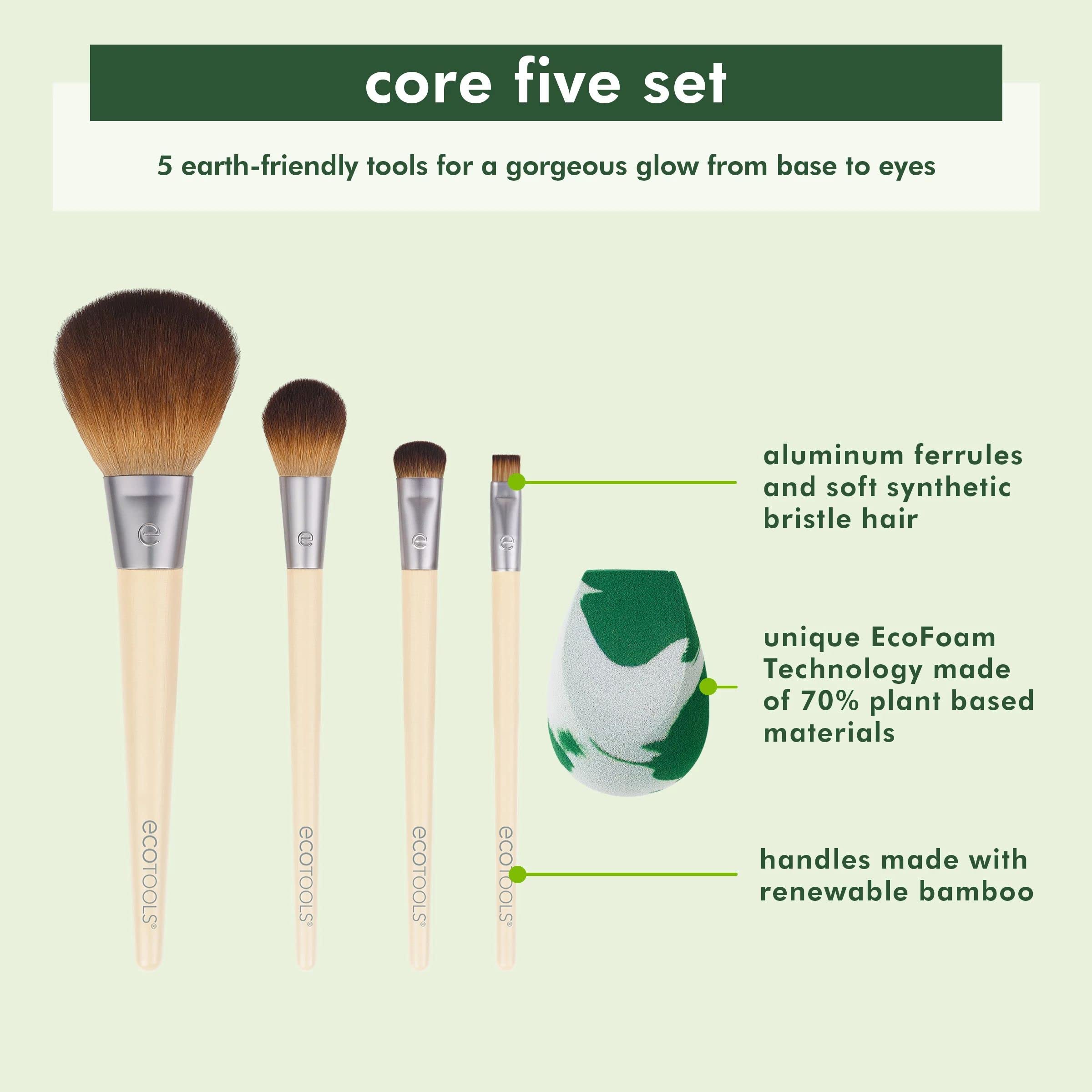 EcoTools Core Five Makeup Brush and Sponge Kit with Powder, Cheek, Shadow, Liner Brushes