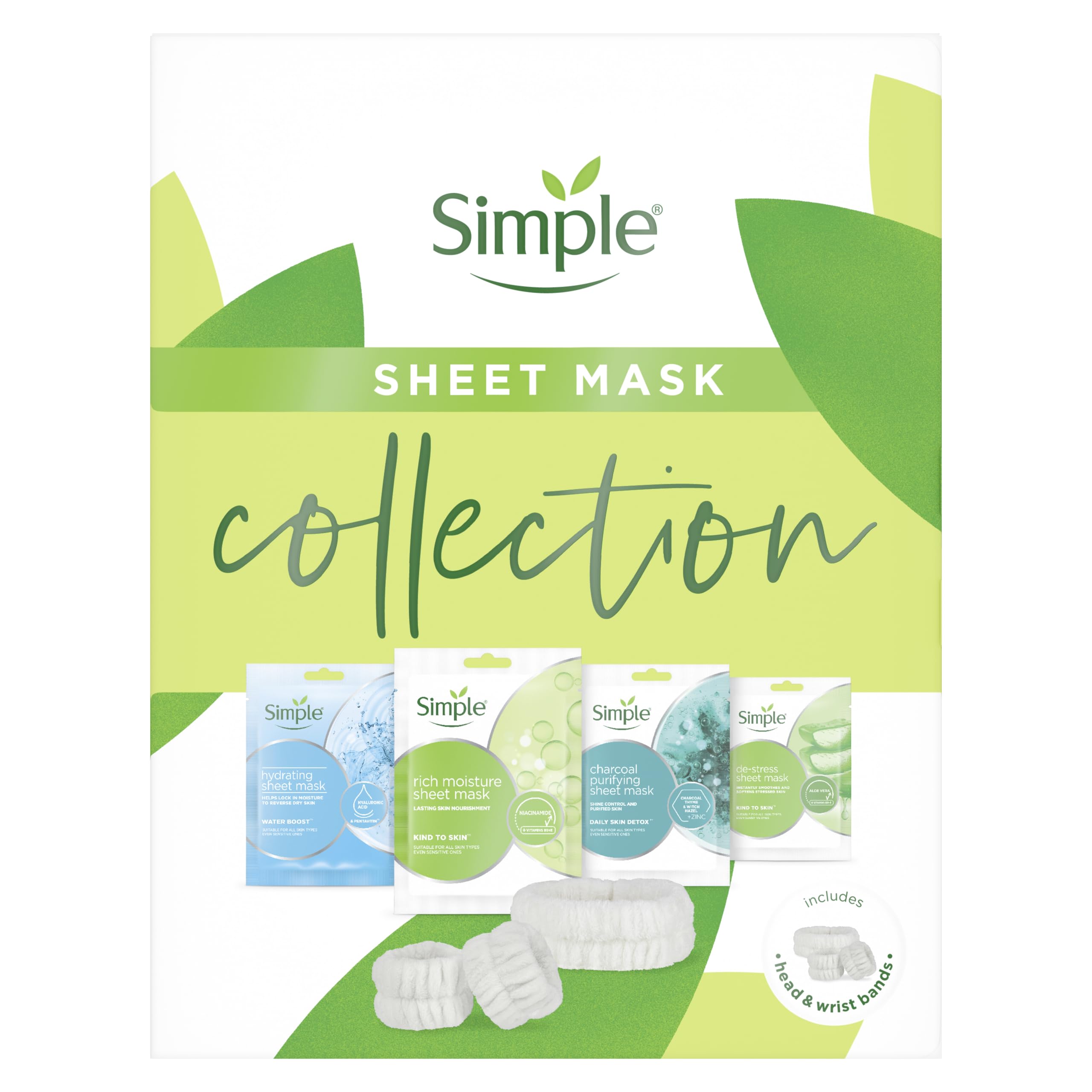 Simple Sheet Mask Collection Gift Set with Headband - 4 Moisturising Masks