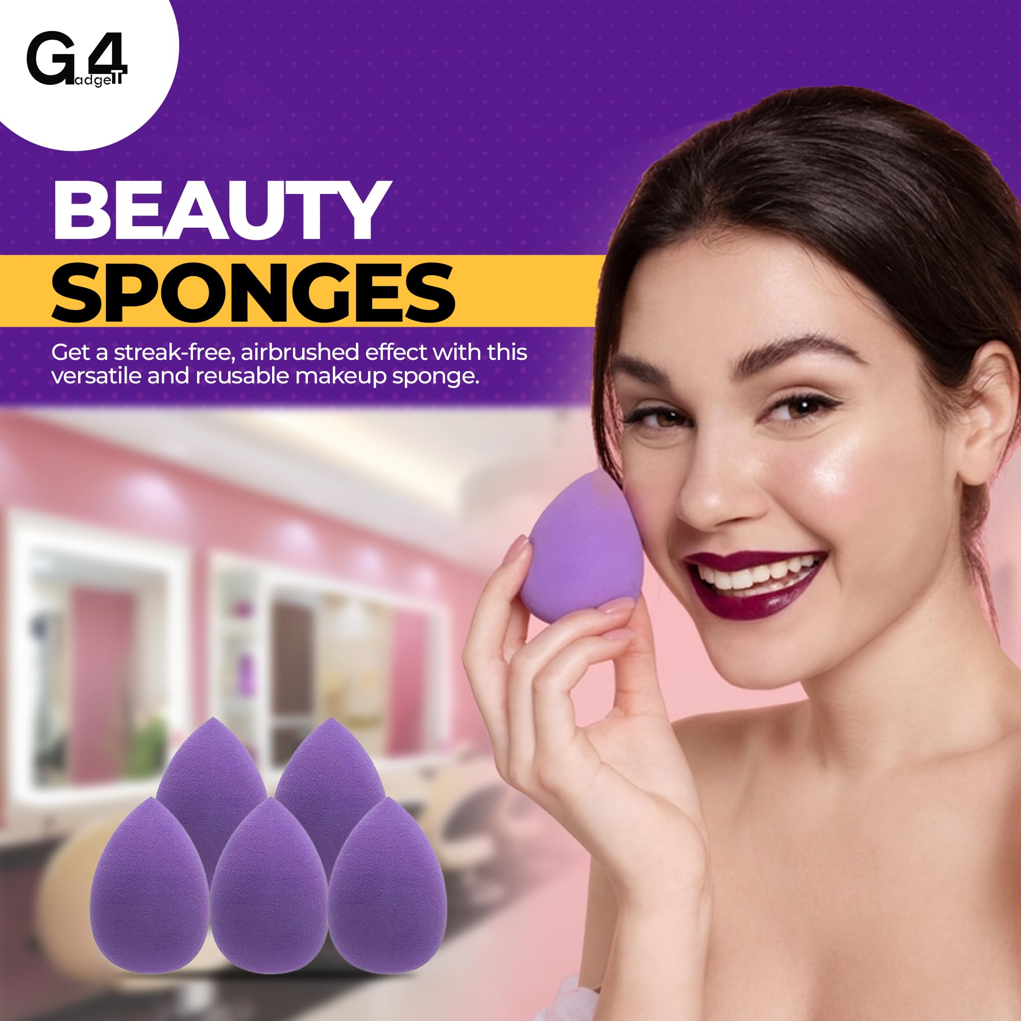 G4GADGET 5 PCS Purple Makeup Sponges - Non-Latex, Wet/Dry, Flawless Application for All Skin Types 5