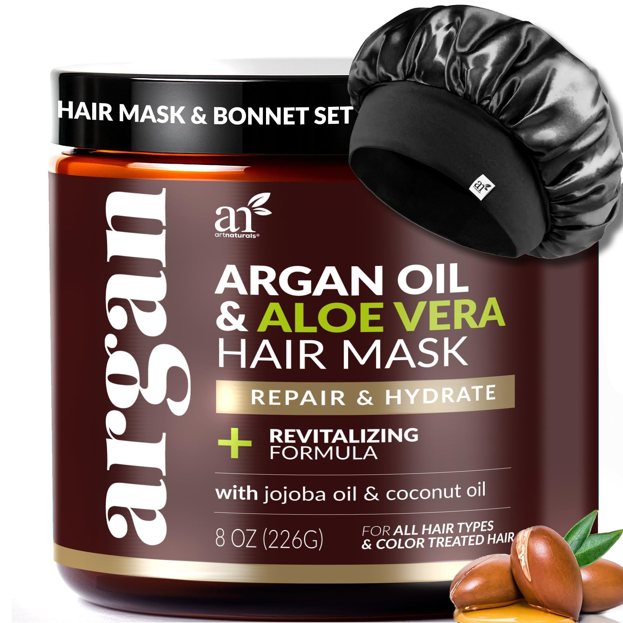 Artnaturals Argan Oil Hair Mask Conditioner and Satin Bonnet Set (8 Oz/226g)