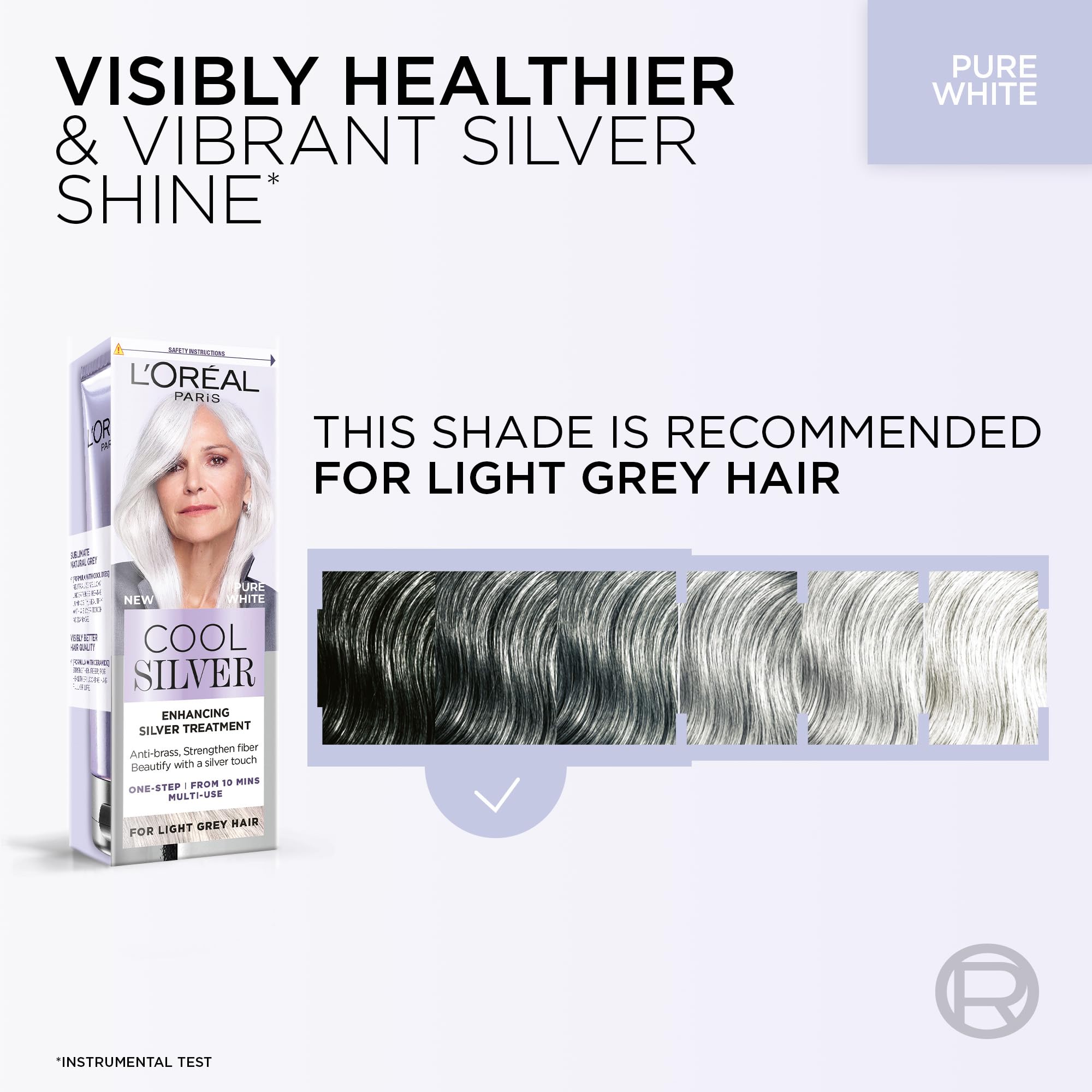 L'Oréal Paris Cool Silver Pure White, unsere erste Farbauffrischungskur für natürlich graues Haar, semi-permanente Farbe, angereichert mit kühlenden Farbstoffen und Ceramiden 7