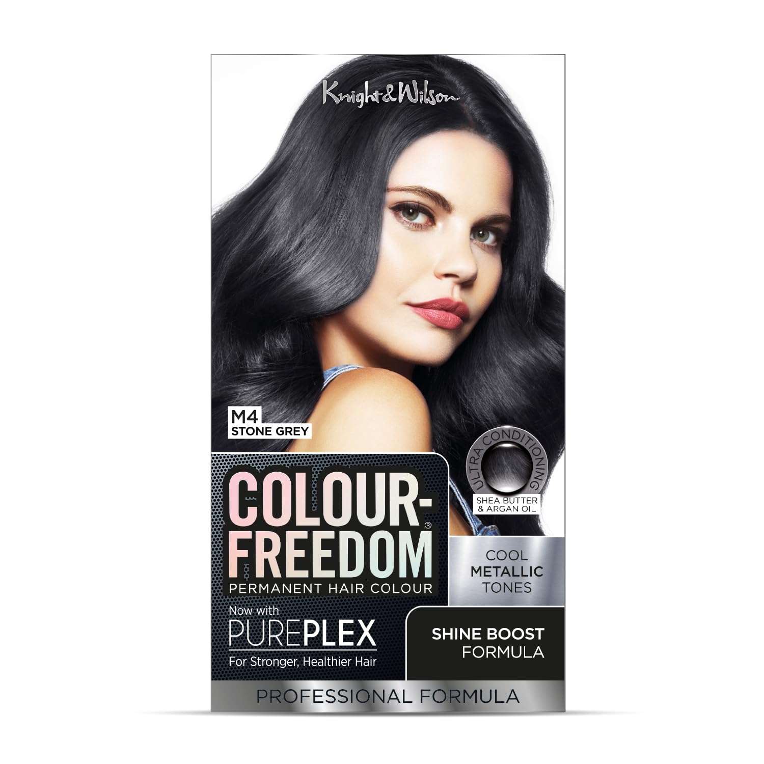 Colour Freedom Metallic Stone Grey Permanente Haarfarbe mit PurePlex. Ultraglänzende, pflegende Haarfarbe. 100 % Grauabdeckung. Von Knight &amp; Wilson. 1