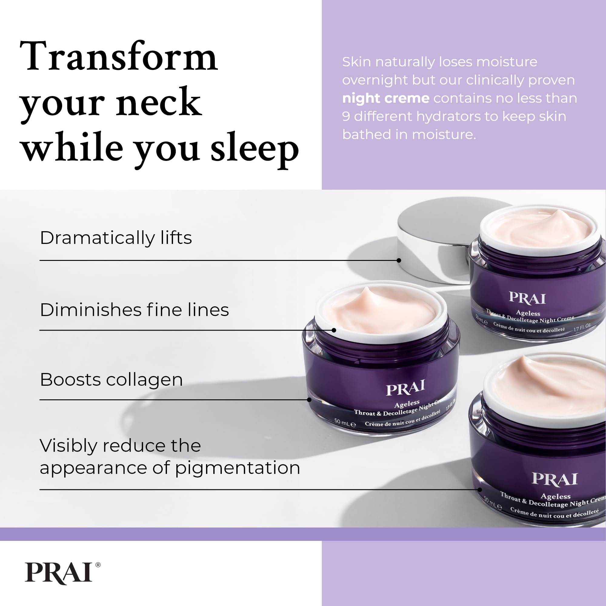 PRAI Ageless Throat & Decolletage Night Creme 118ml with Two Retinols for Firming and Wrinkle Reduction