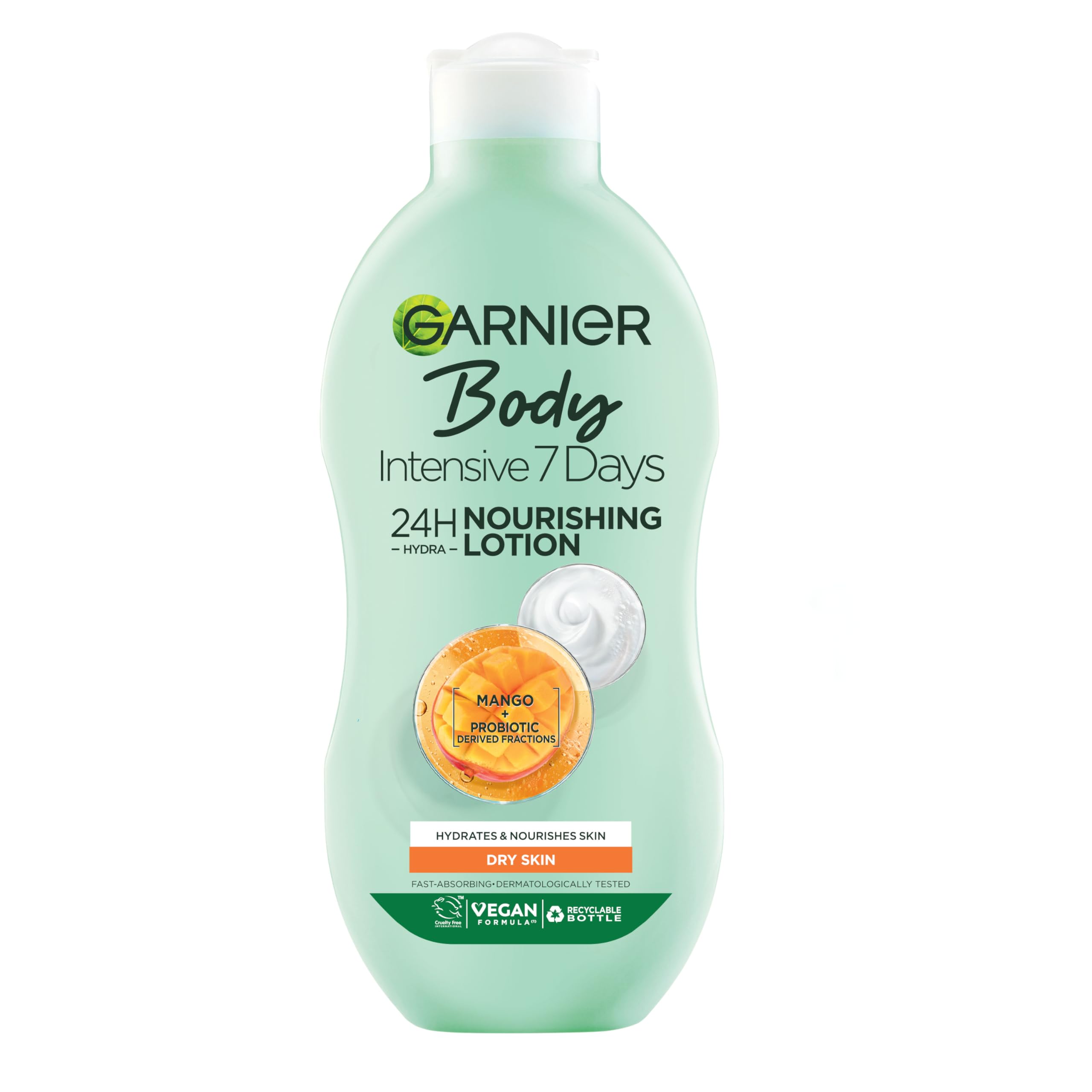 Garnier Intensive 7 Tage Mangoöl &amp; Probiotika-Extrakt Körperlotion 400 ml, pflegende und glättende Feuchtigkeitscreme, spendet bis zu 7 Tage Feuchtigkeit, für trockene Haut, zieht schnell ein und fettet nicht