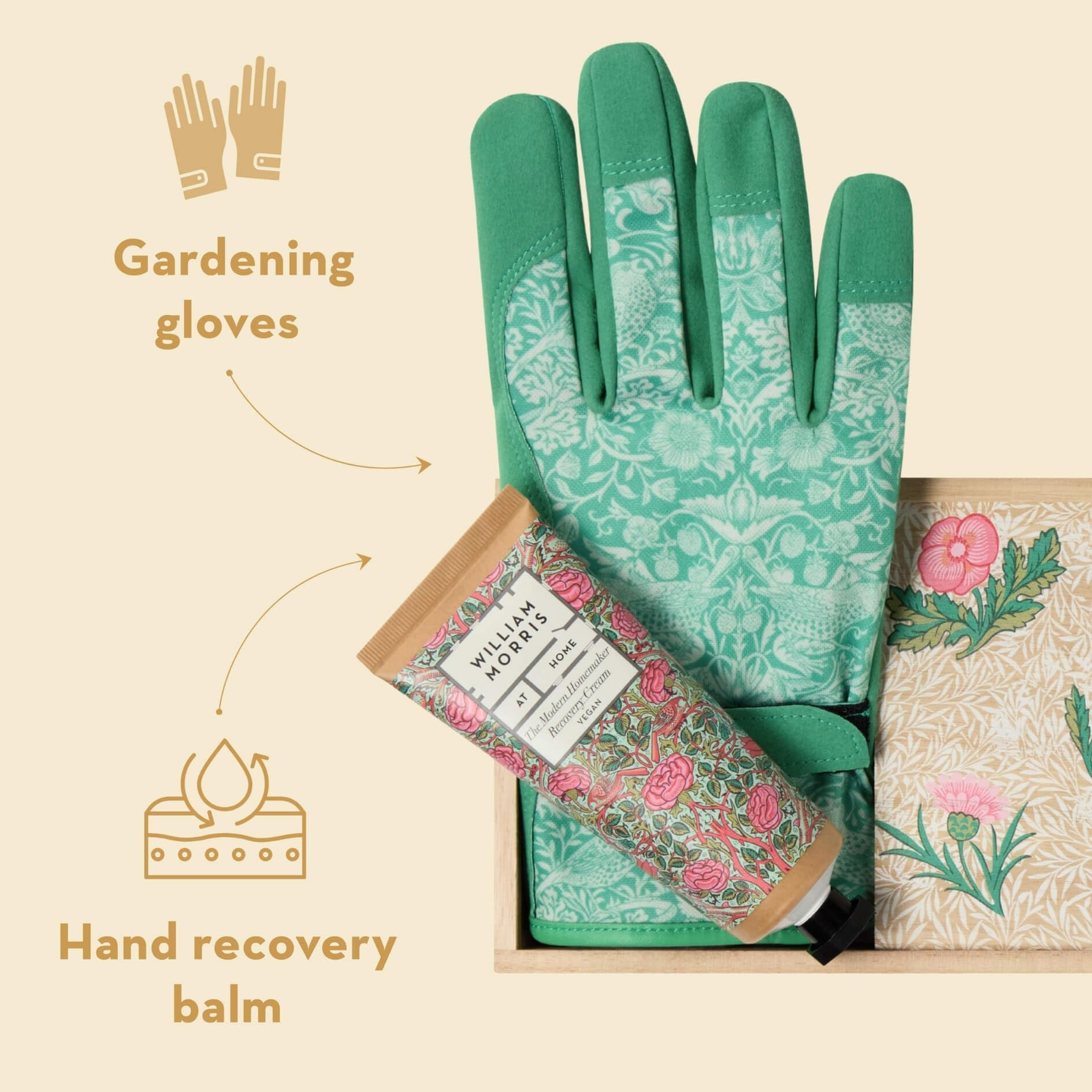 William Morris At Home Strawberry Thief Gardening Gloves & Hand Recovery Cream Set 6