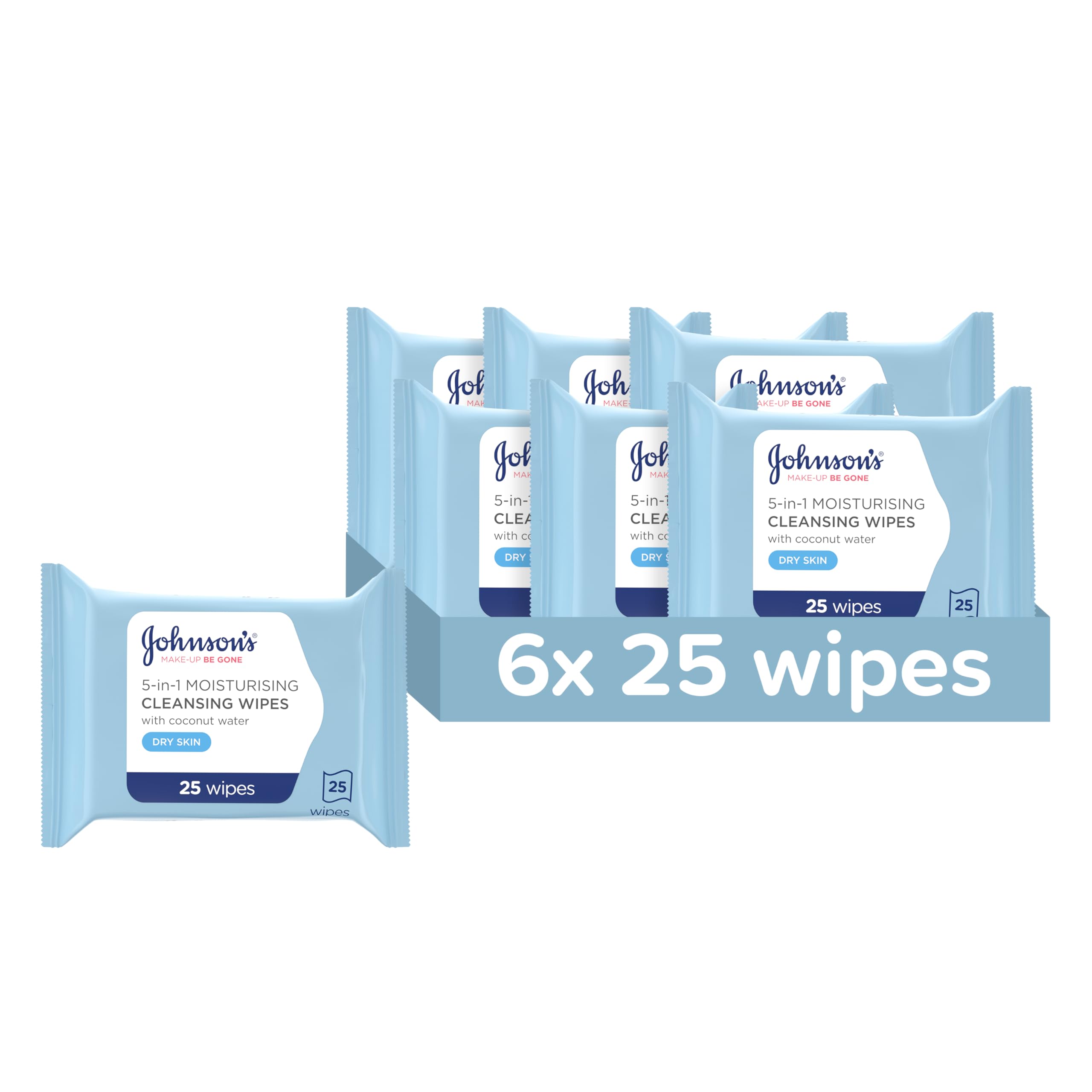 Johnson's Moisturising Makeup Remover Wipes with Coconut Water, Pack of 6 x 25