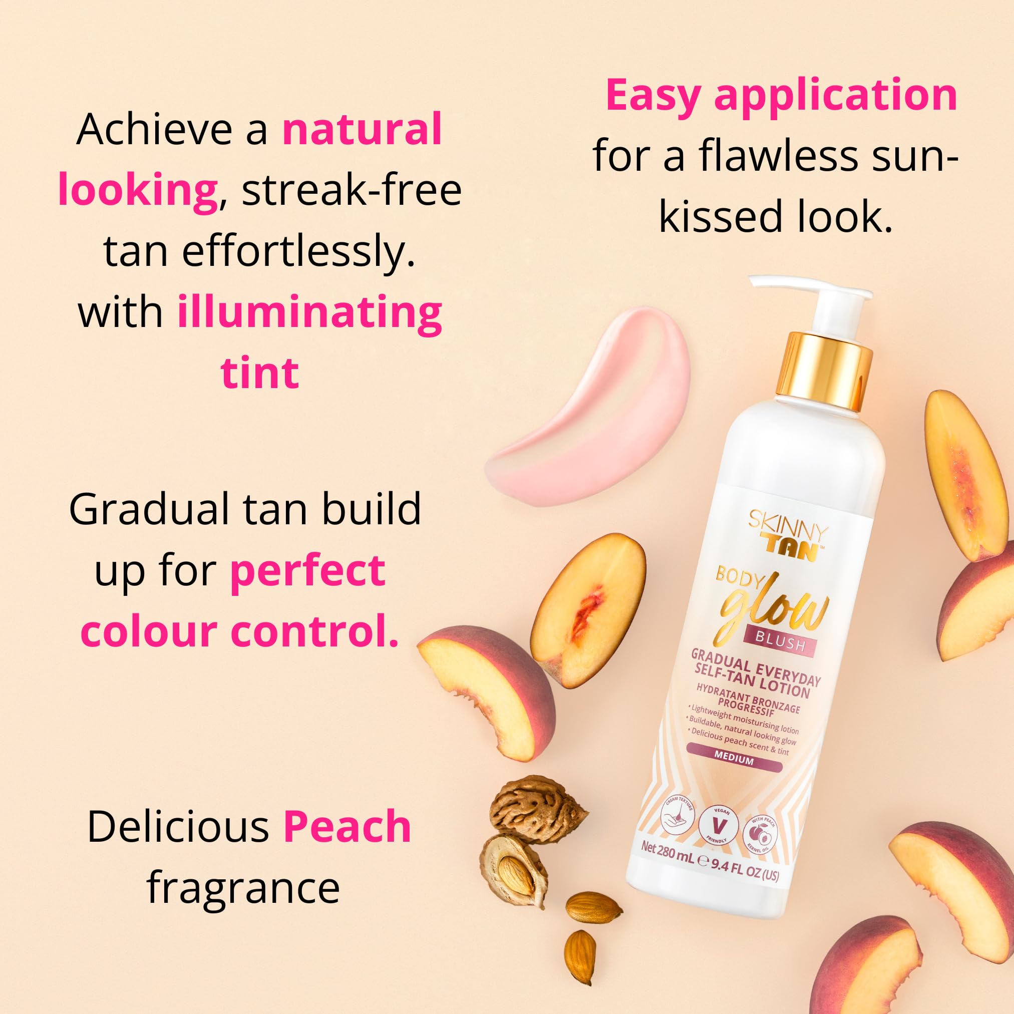 Skinny Tan Body Glow Moisturising Gradual Tan Lotion with Peach Scent & Shimmer 280ml