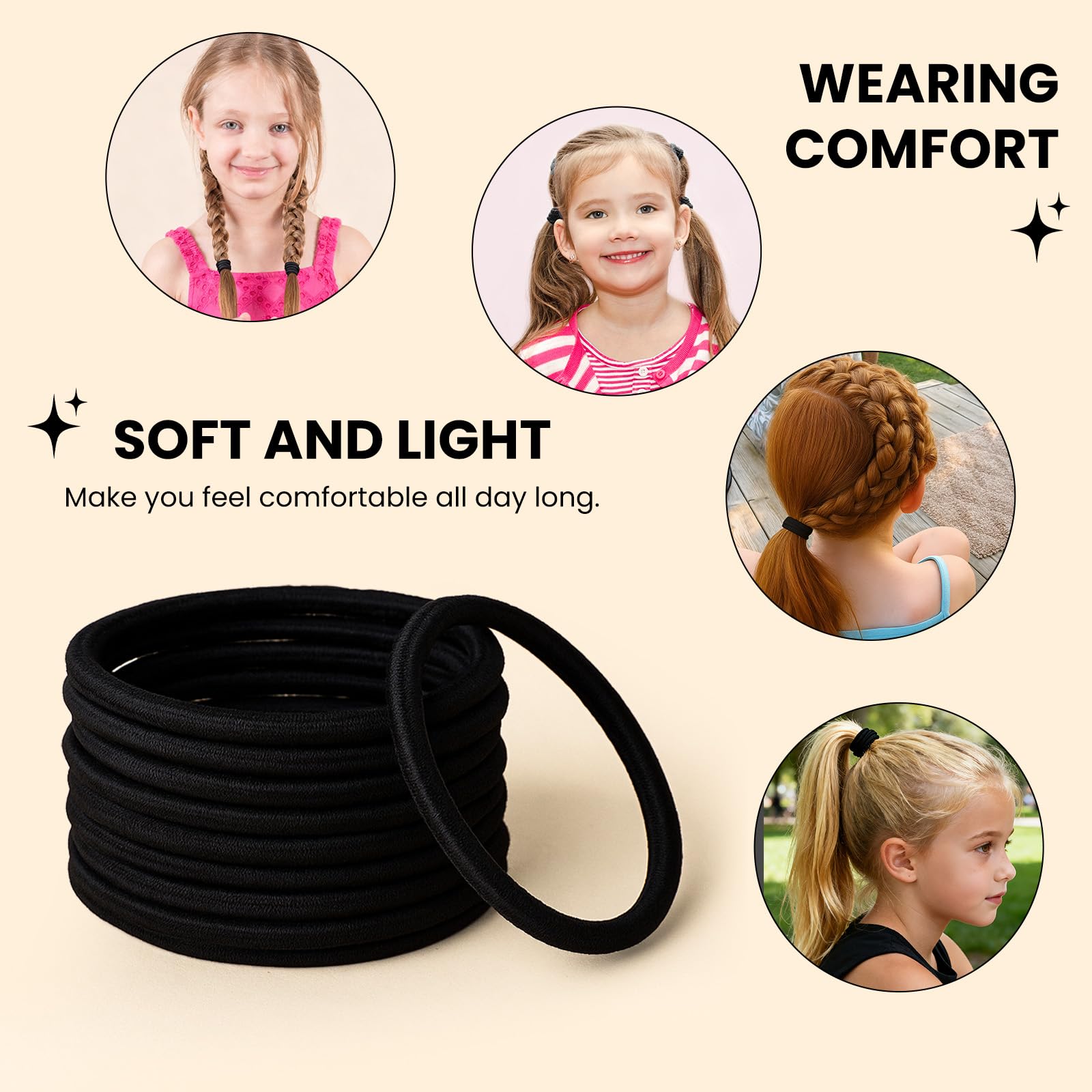 50 schwarze Haargummis, 4 mm dicke, weiche, elastische Haarbänder, Meta 5