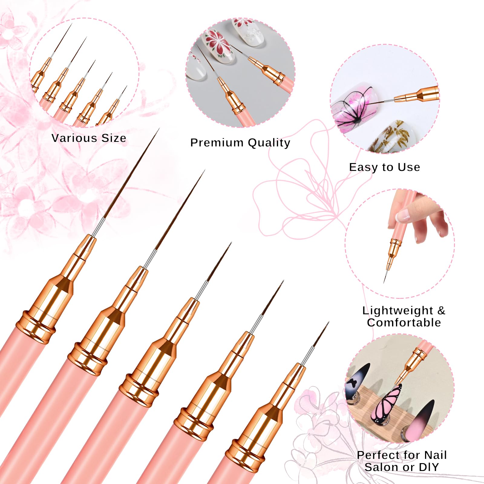 MOXYOY 5Pcs Fine Thin Nail Art Liner Brushes Set for Detailed Painting 3