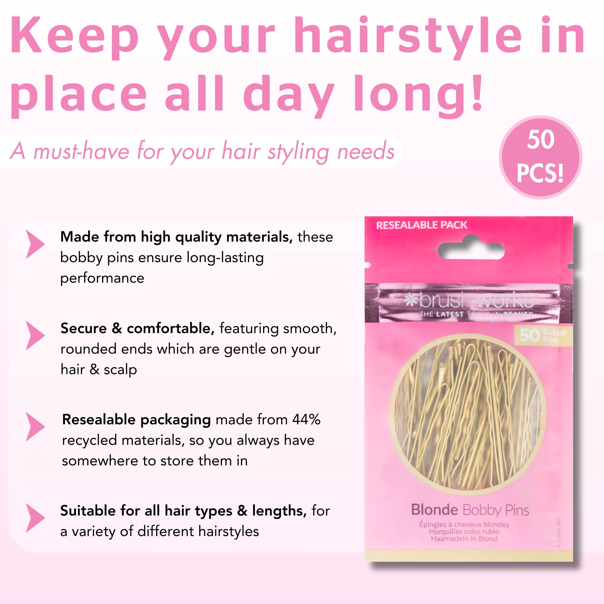 Brushworks Blonde Bobby Pins 50-Pack - Secure Hold Hair Pins for Updos and Flyaways