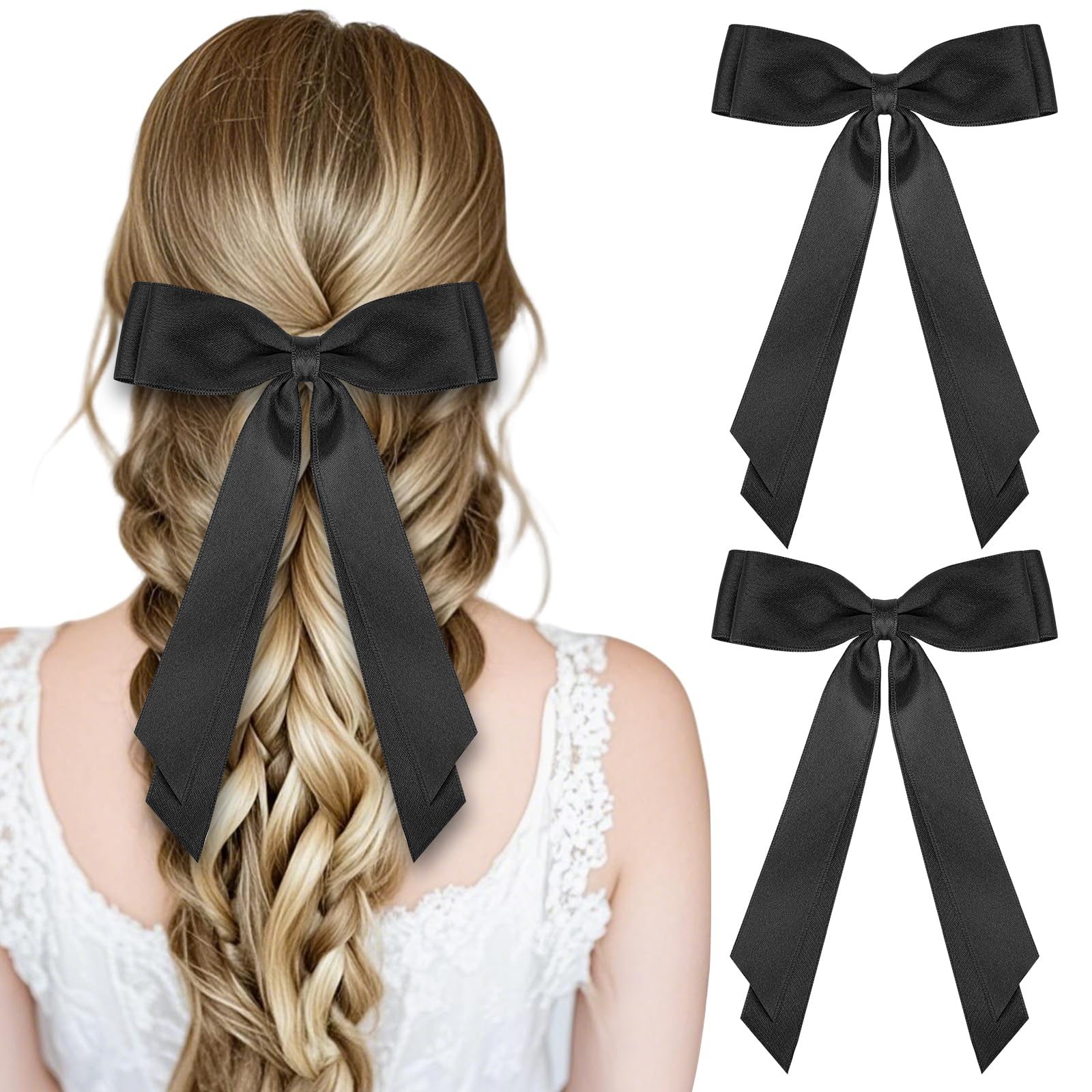 MOXYOY 2PCS Black Silky Satin Bow Hair Clips with Long Ribbon for Girls and Women