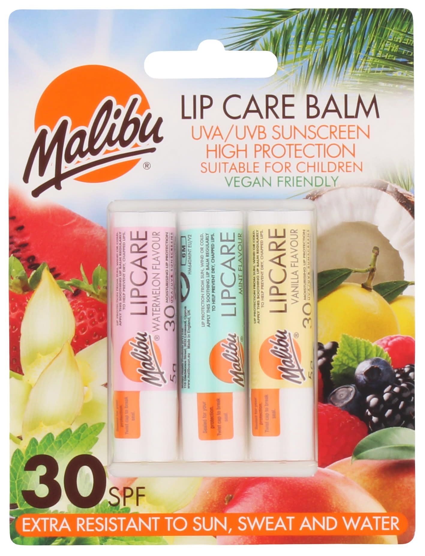 Malibu Sun SPF 30 Lip Care Balm Multipack - Watermelon, Mint & Vanilla Flavors (3 x 4g) 1