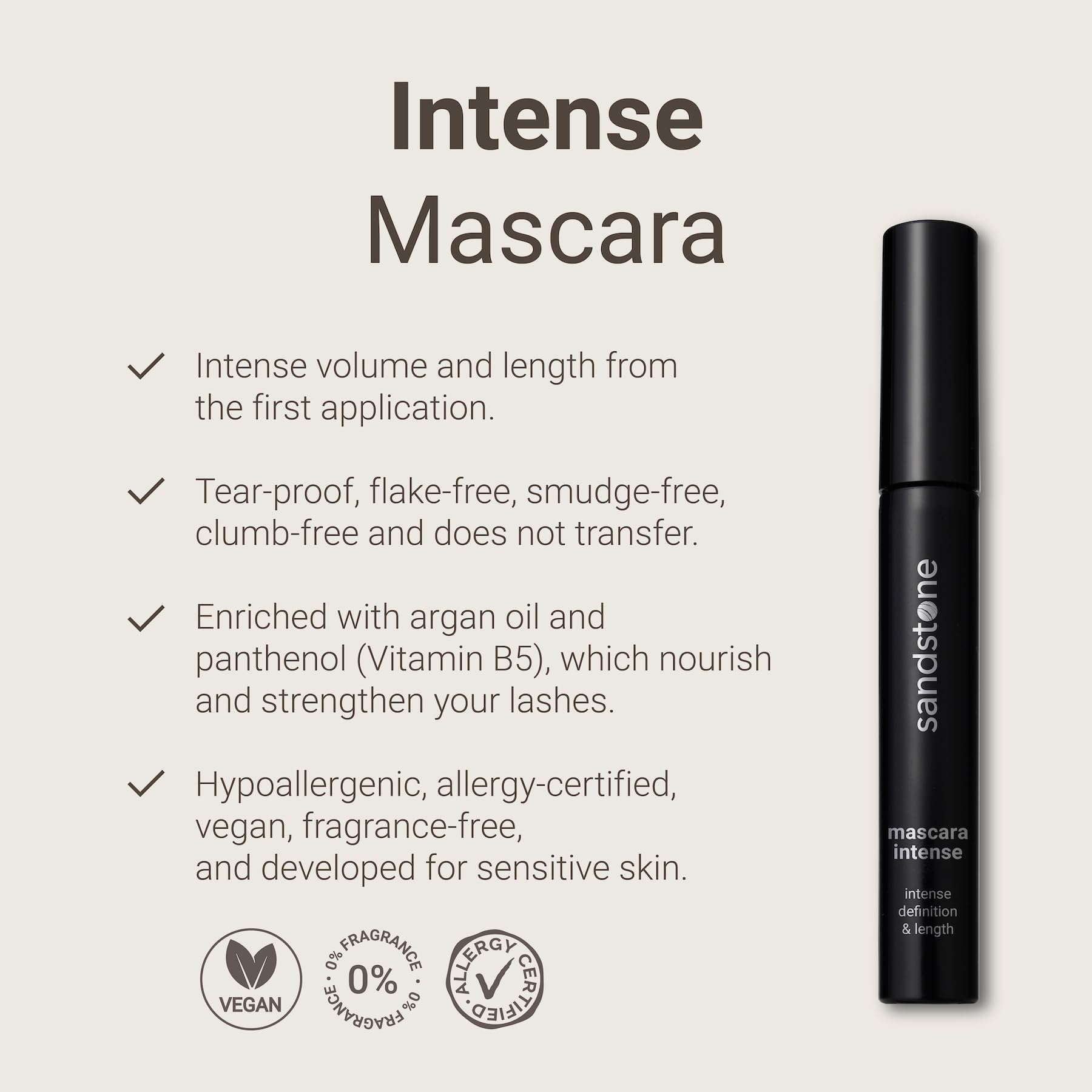 Sandstone Scandinavia Intense Mascara for Sensitive Eyes - Hypoallergenic, Smudge-Proof, Vegan