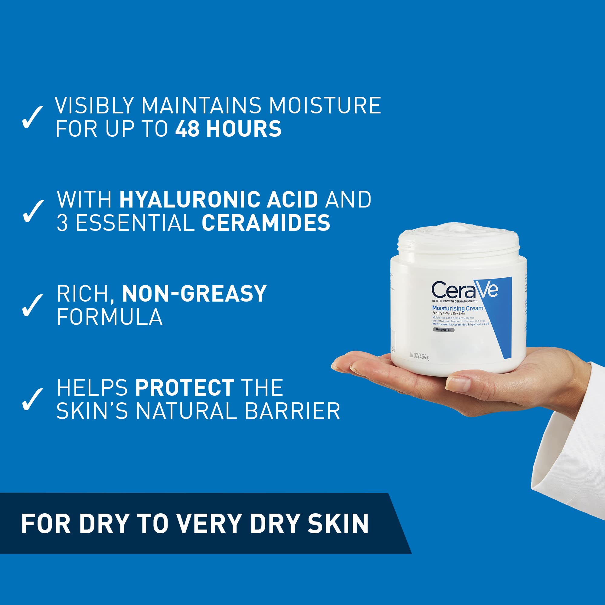 CeraVe Moisturising Cream for Dry to Very Dry Skin with Hyaluronic Acid & Ceramides 454g
