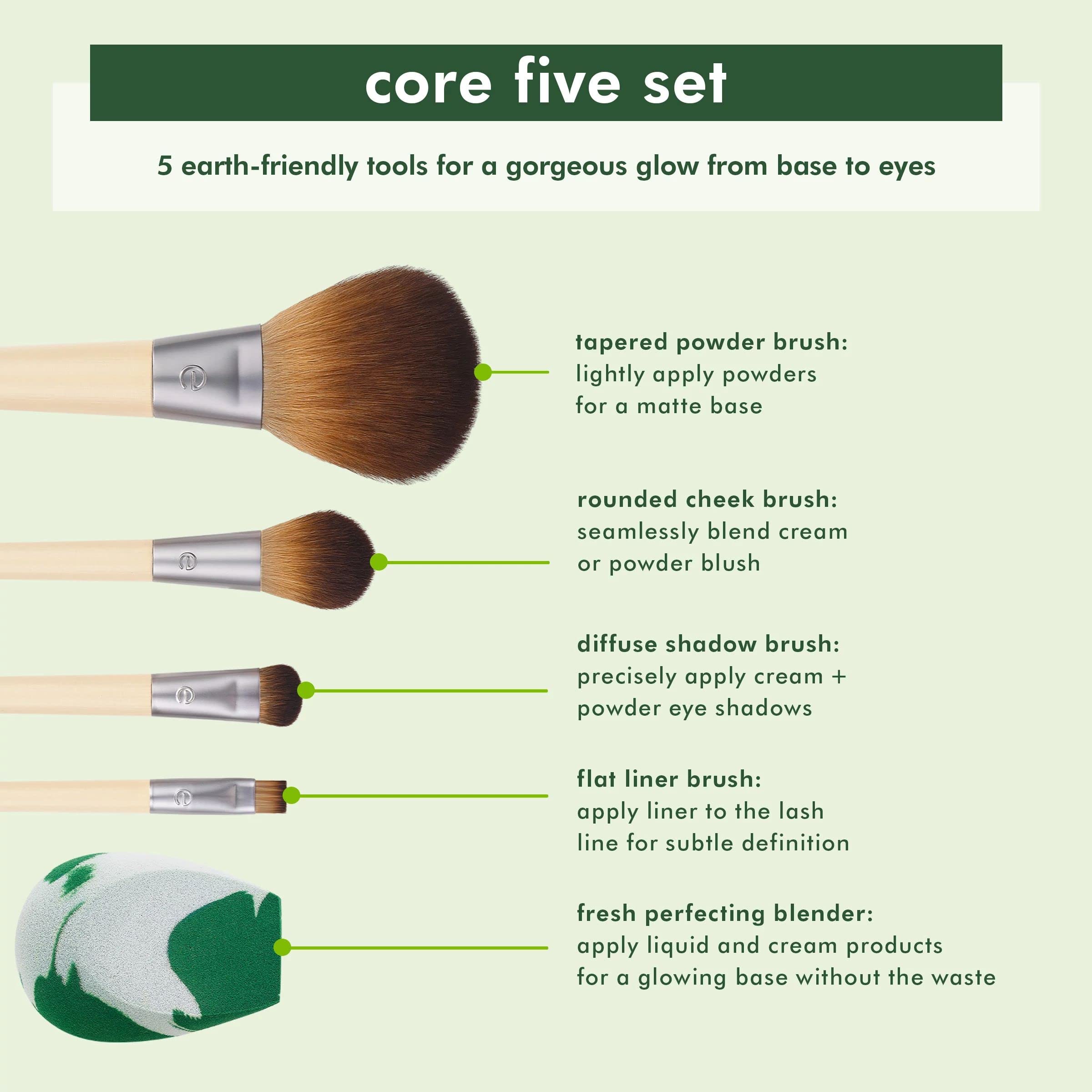 EcoTools Core Five Makeup Brush and Sponge Kit with Powder, Cheek, Shadow, Liner Brushes 3