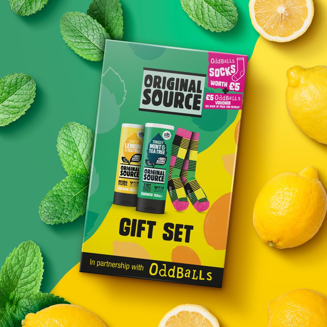 Original Source x Oddballs Geschenkset, Duschgel Minze &amp; Teebaum, Duschgel Zitrone &amp; Teebaum, Oddballs Socken, Geschenkidee für Männer, 100 % natürlicher Duft, vegan, tierversuchsfrei