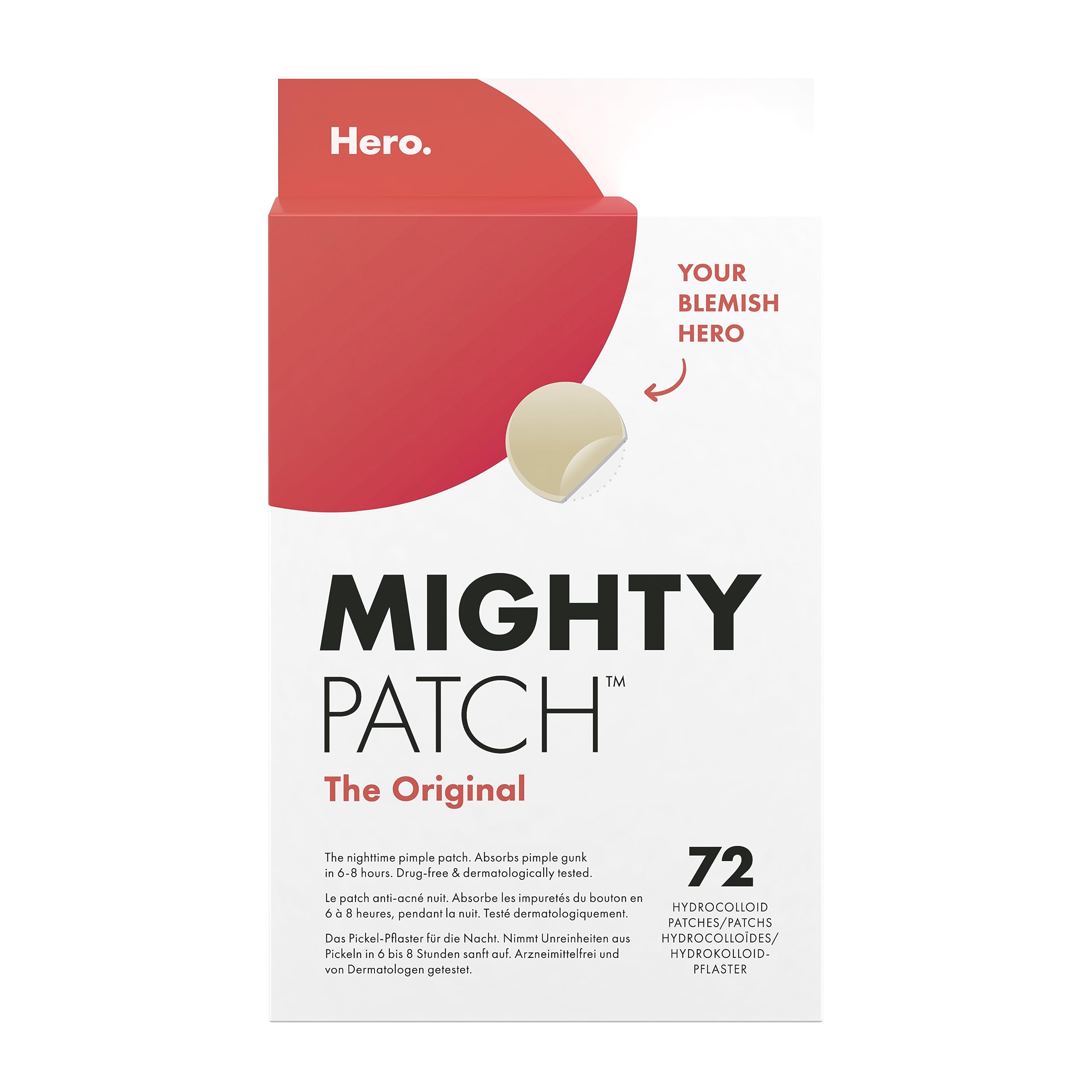 Hero Cosmetics Mighty Patch Original Acne Spot Patches, 72 Count, Hydrocolloid Pimple Stickers for Day & Night