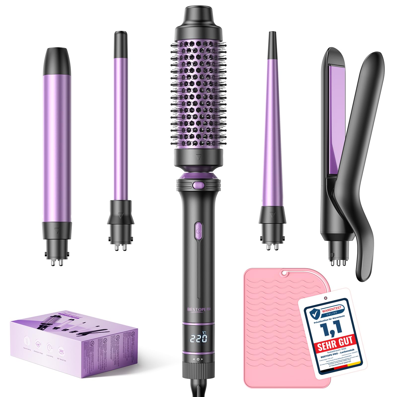 BESTOPE PRO 5-in-1 Lockenstab-Set mit Heizbürste und Glätteisen, 13 Temperaturstufen für alle Haarlängen, inklusive hitzebeständiger Matte, Handschuh und Clip, Roségold