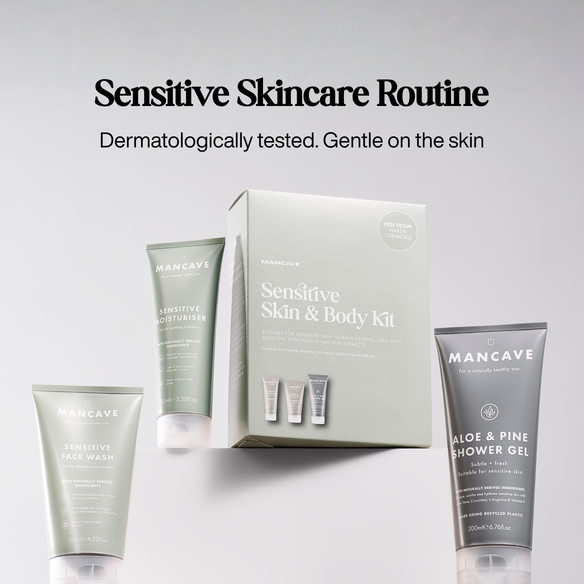 ManCave Sensitive Skin & Body Gift Set: Face Wash, Moisturiser, and Shower Gel