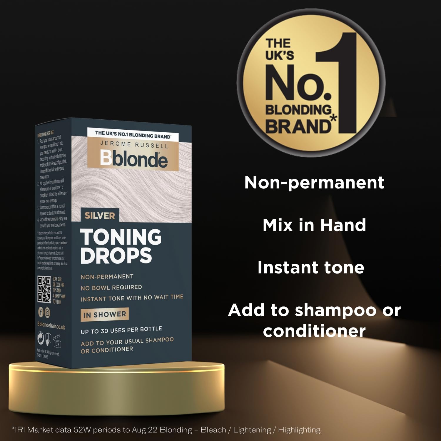 Jerome Russell Bblonde Silver Toning Drops – Nicht-permanenter Silbertoner für blondes Haar, frischt die Haarfarbe auf und erhält sie, Tropfen mit Shampoo oder Spülung unter der Dusche hinzufügen, 50 Anwendungen, 1