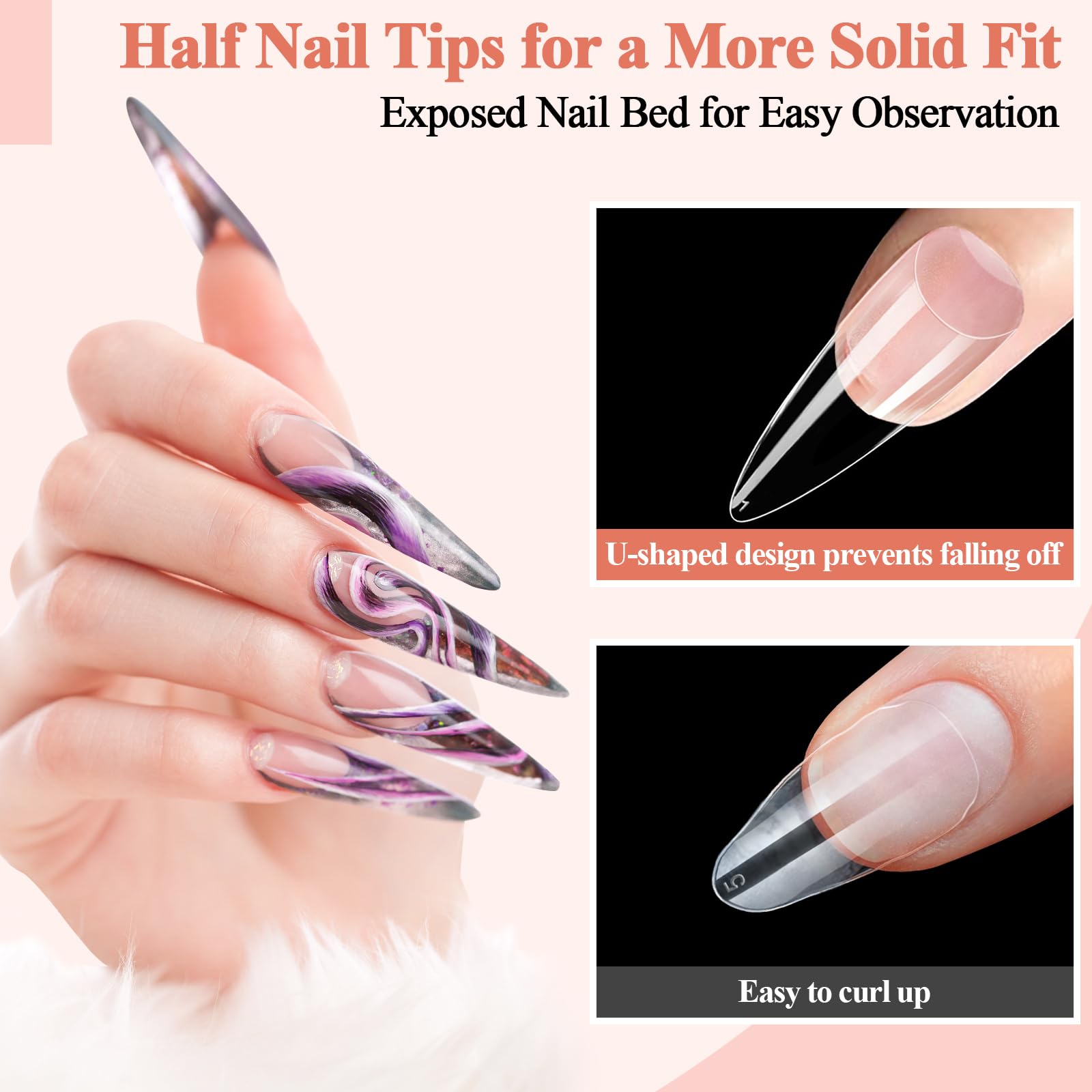 Alyvisun 600 Pcs Long Stiletto Half Cover Soft Gel Nail Tips - Clear ABS Material 3