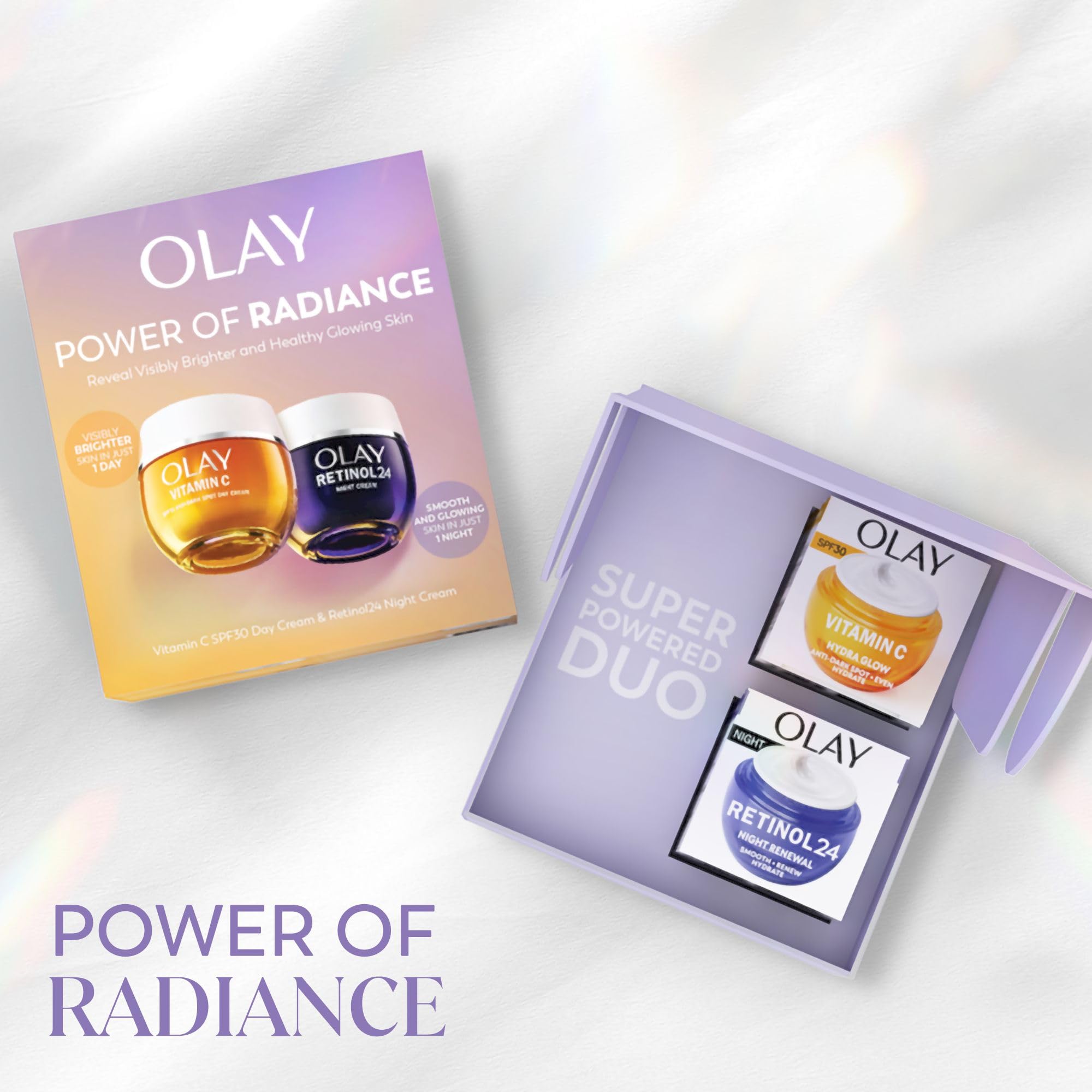 Olay Power of Radiance Geschenkset: Vitamin C Anti-Pigmentflecken Tagescreme LSF 30 (50 ml) + Retinol 24 Nachtcreme (50 ml), für strahlend schöne Haut bei Frauen 2