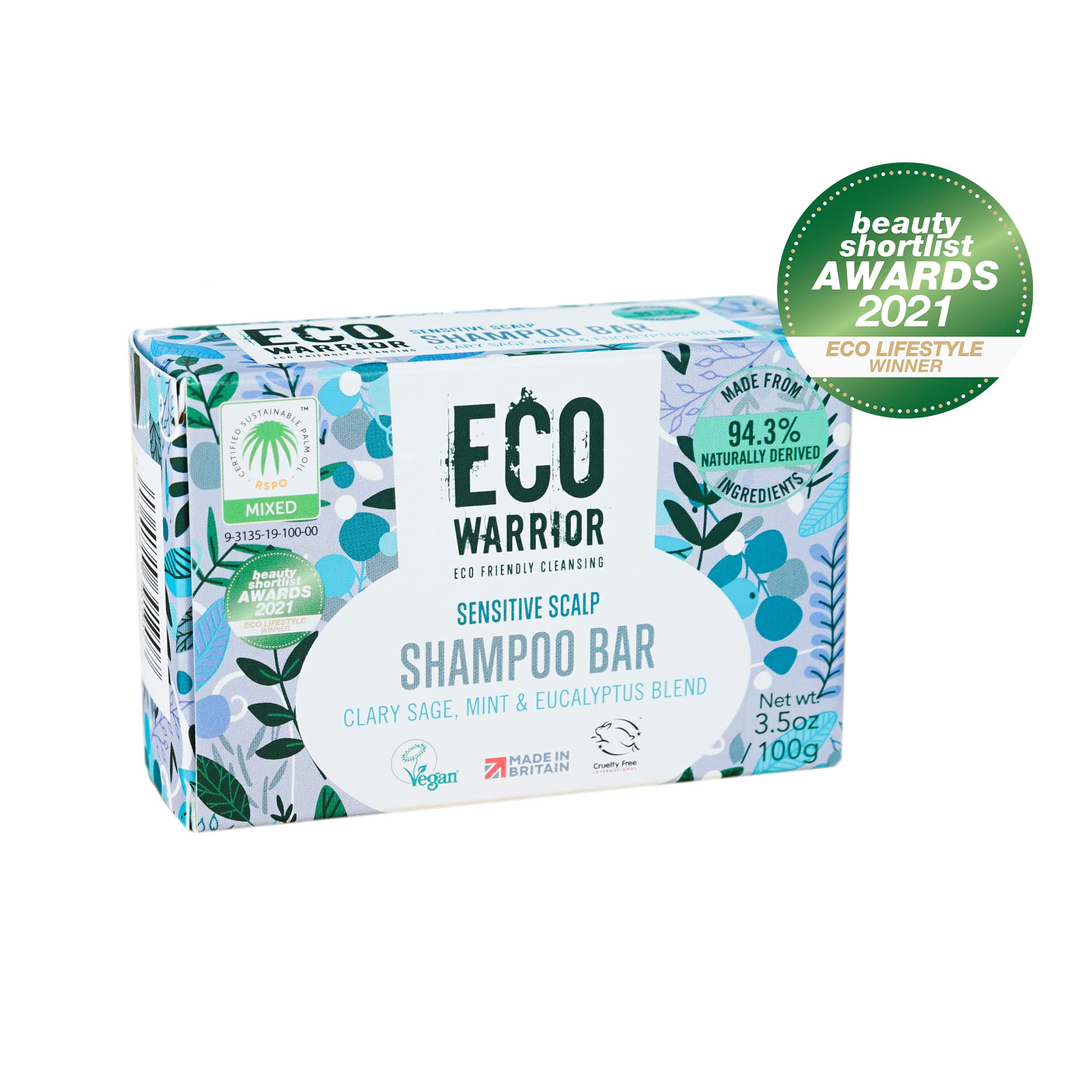 Eco Warrior Sensitive Shampoo Bar – Vegan, tierversuchsfrei, ohne SLS und Parabene, mit tiefenwirksam pflegender weißer Tonerde und Muskatellersalbeiöl, natürlicher Minze und Eukalyptus – Umweltfreundlich, 100 g
