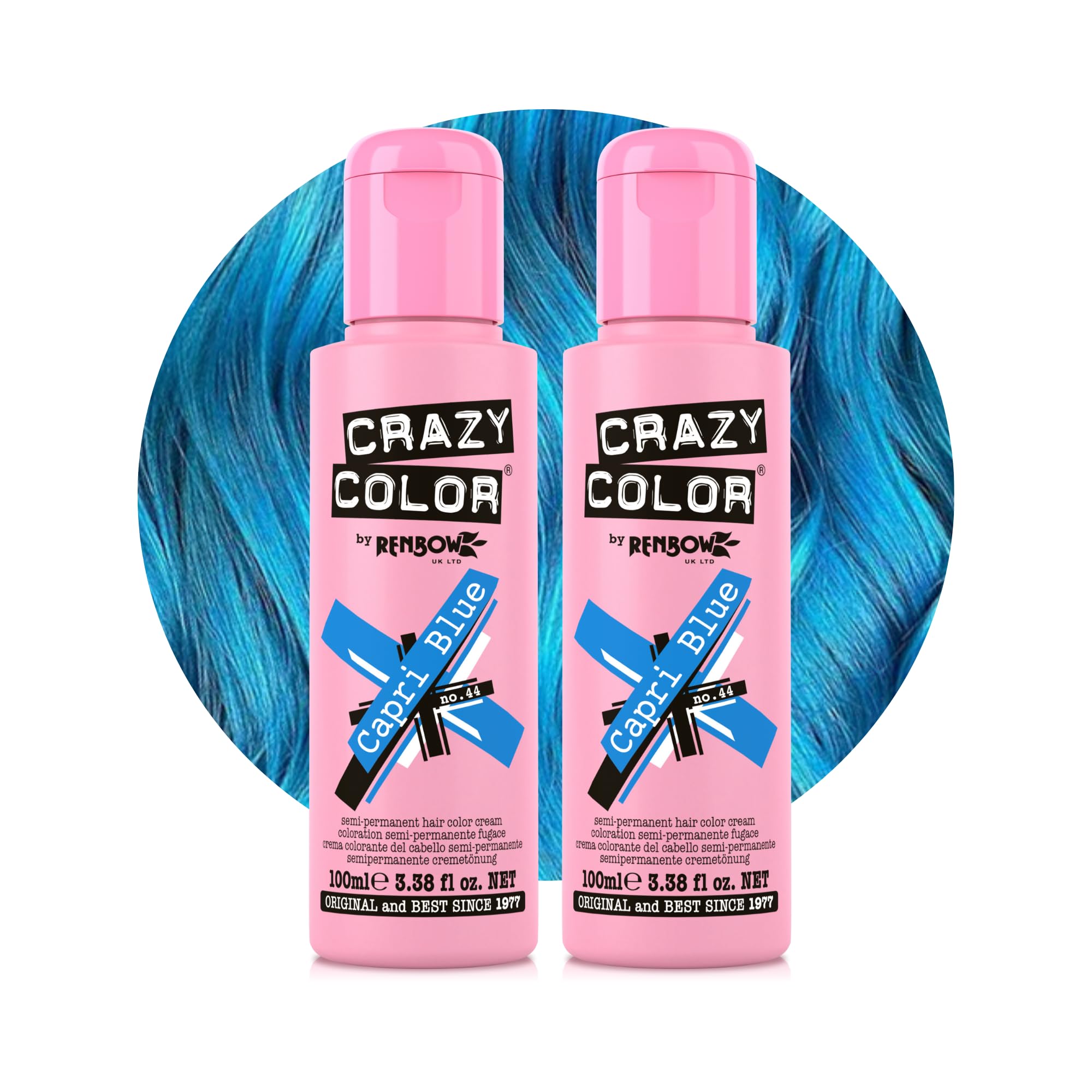 Crazy Color Vibrant Capri Blue Semi-Permanent Duo Haarfarbe. Hochpigmentiertes, leuchtendes Blau. Pflegende und ölspendende vegane Formel | Ohne Bleichmittel und Ammoniak | 200 ml
