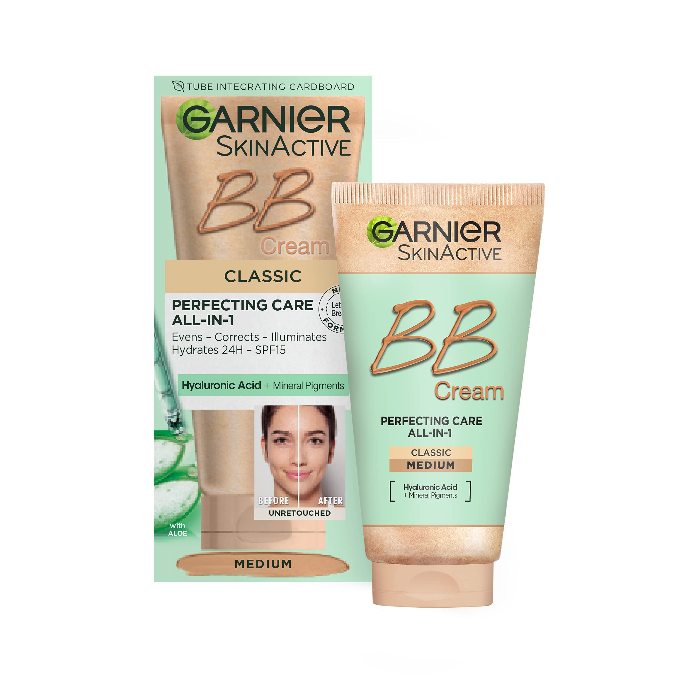 Garnier SkinActive Classic Perfecting All-in-1 BB Cream, Farbton Classic Medium, getönte Feuchtigkeitscreme LSF 15, hellt den Teint auf und gleicht ihn aus, mit Hyaluronsäure, Aloe Vera und Mineralpigmenten, 50 ml, 1 Stück