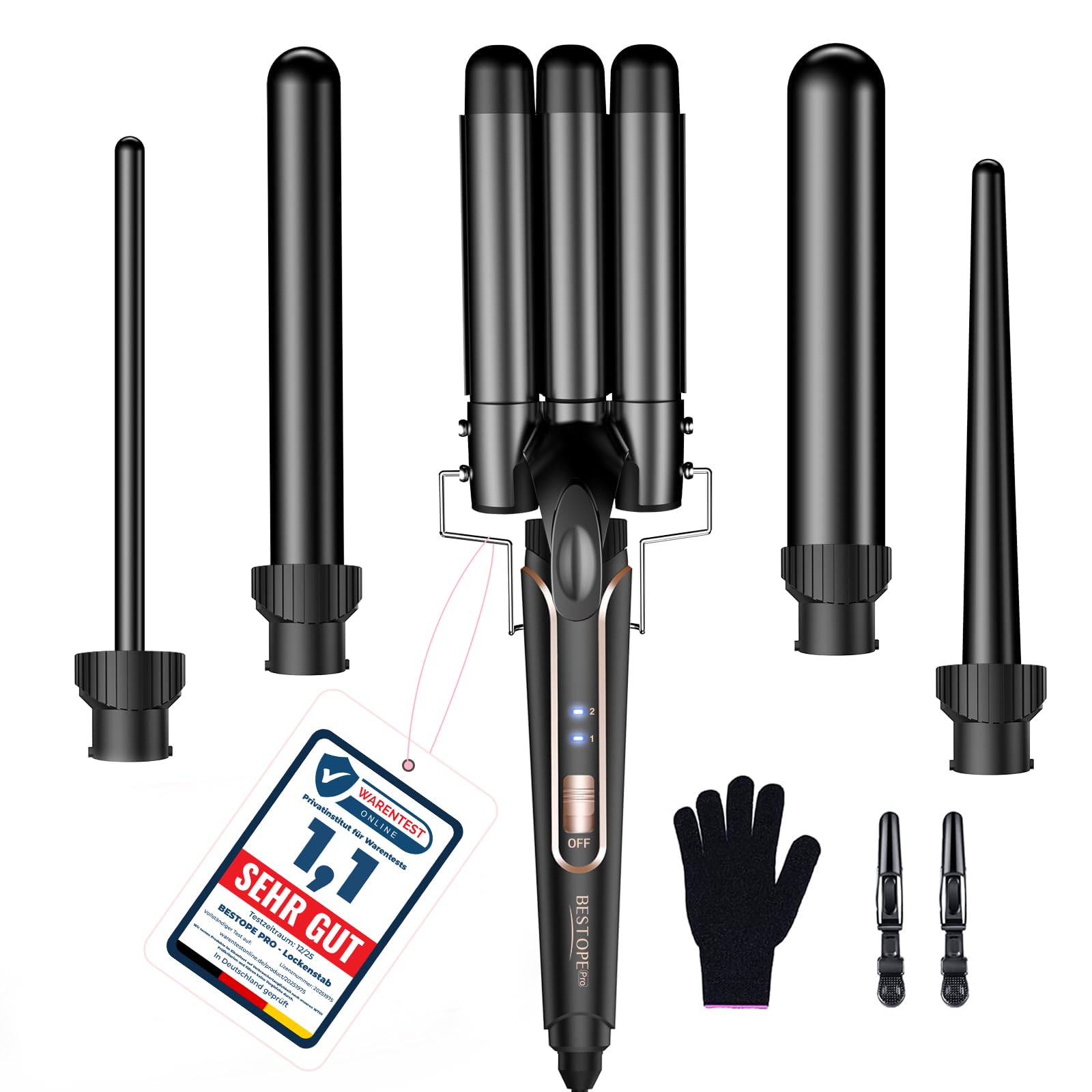 BESTOPE PRO 5-in-1 Ceramic Hair Curler Wand Set (9-32mm) with 2 Temperature Controls for All Hair Types