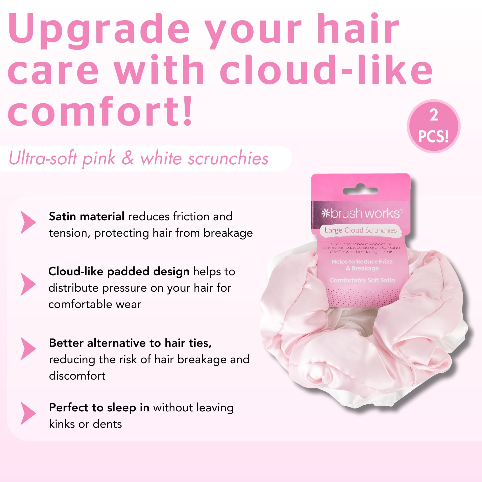 Brushworks Large Cloud Scrunchies 2 Pack – Pink & White Satin, Snag-Free Hair Styling